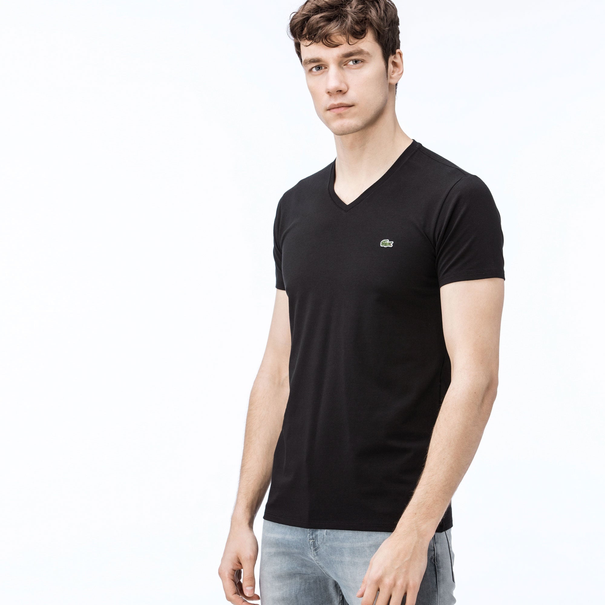 Erkek Slim Fit V Yaka Siyah T-Shirt