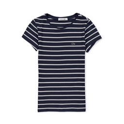 Kadın Slim Fit Bisiklet Yaka Çizgili Lacivert T-Shirt Lacivert