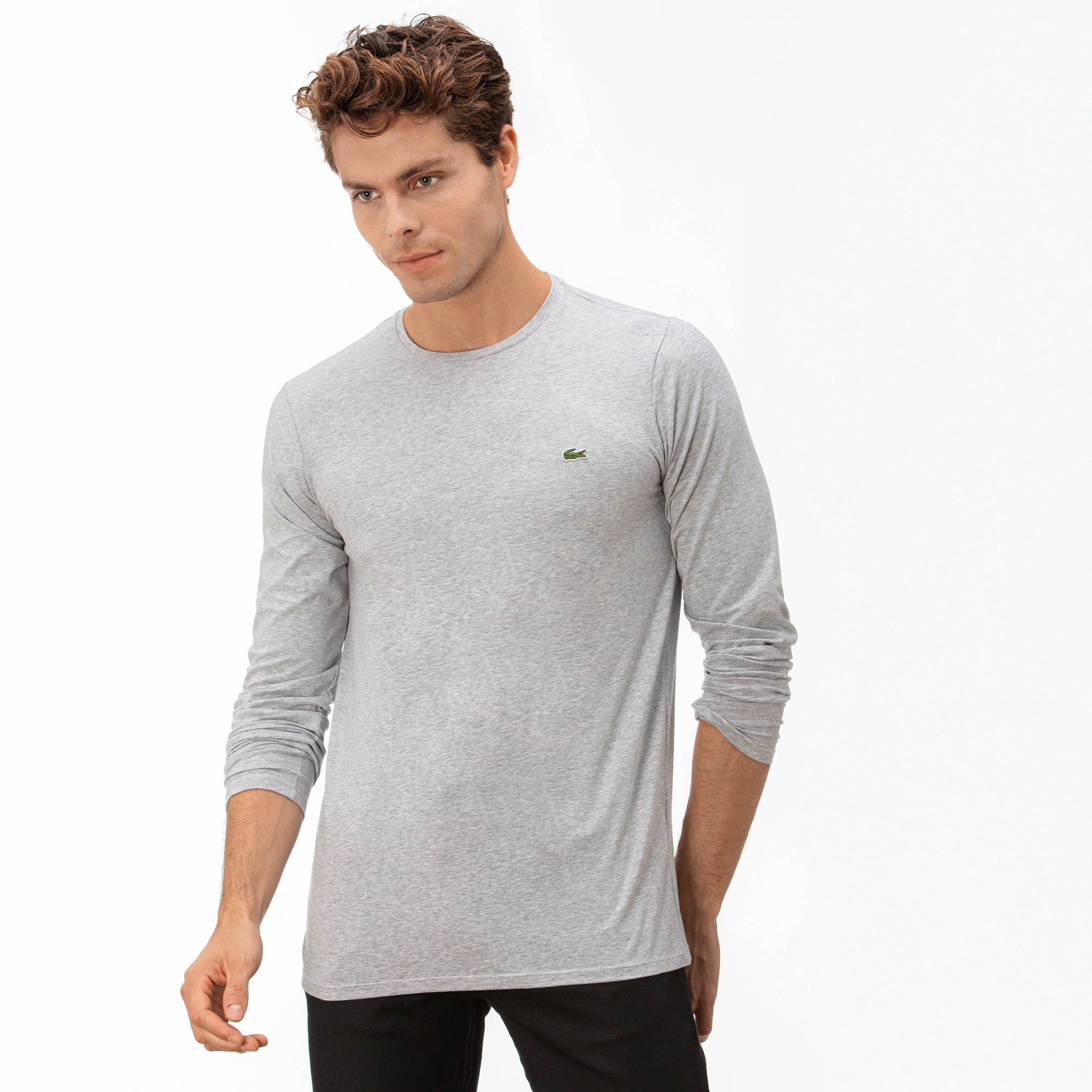 Lacoste Erkek Slim Fit Uzun Kollu Bisiklet Yaka Gri T-Shirt