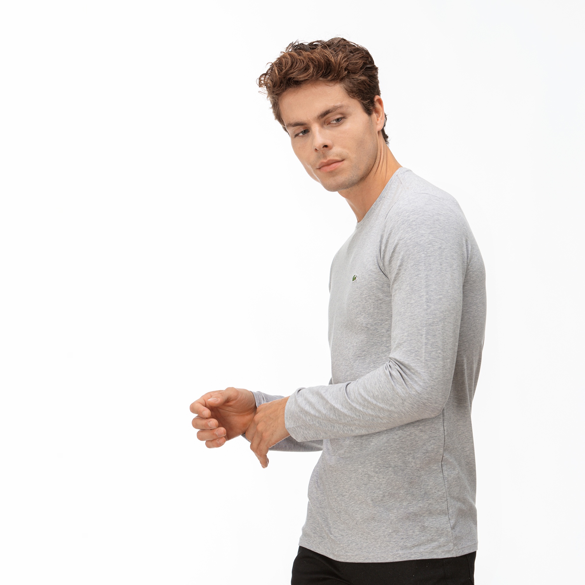 Lacoste Erkek Slim Fit Uzun Kollu Bisiklet Yaka Gri T-Shirt