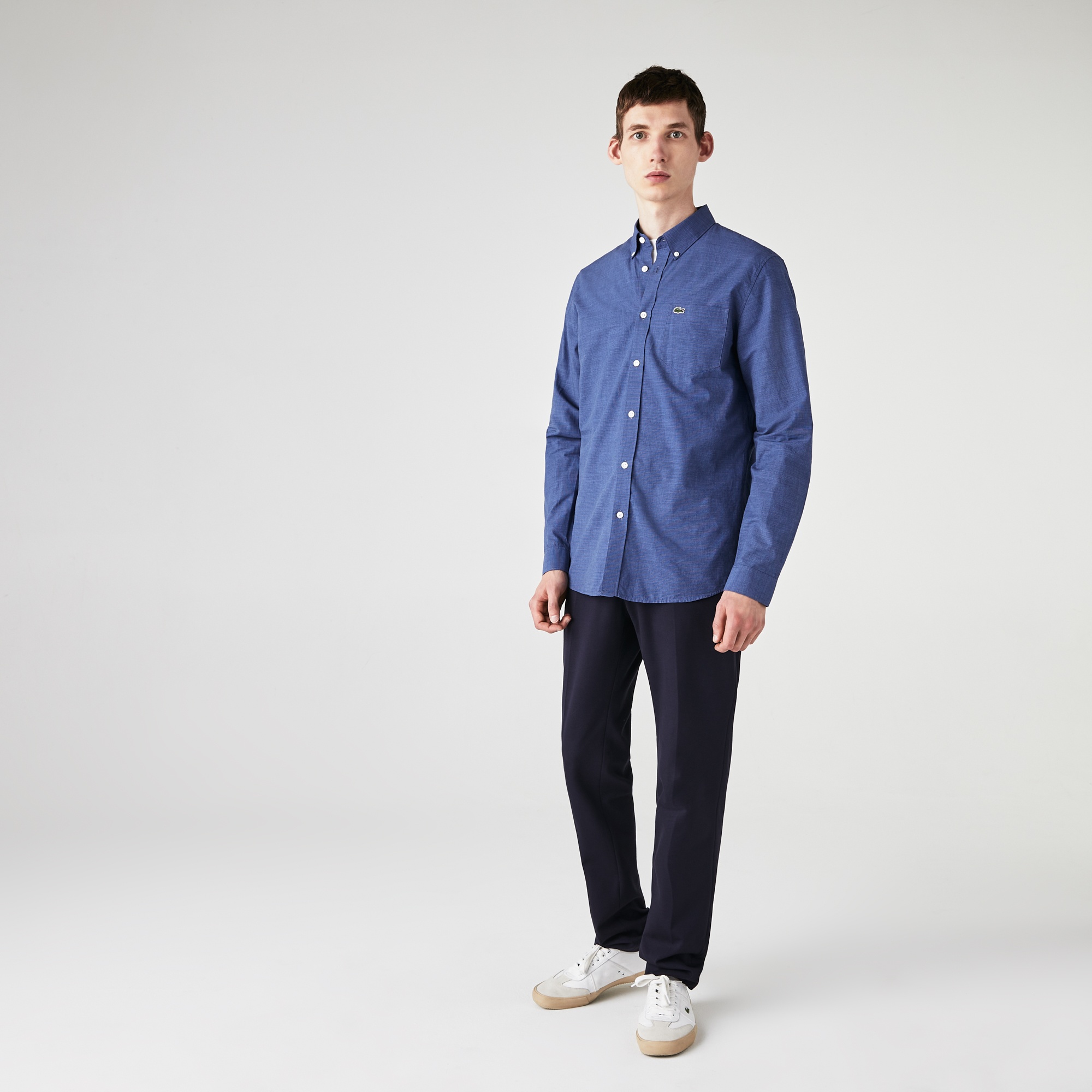 Lacoste Erkek Slim Fit Ekose Desenli Düğmeli Yaka Lacivert Gömlek