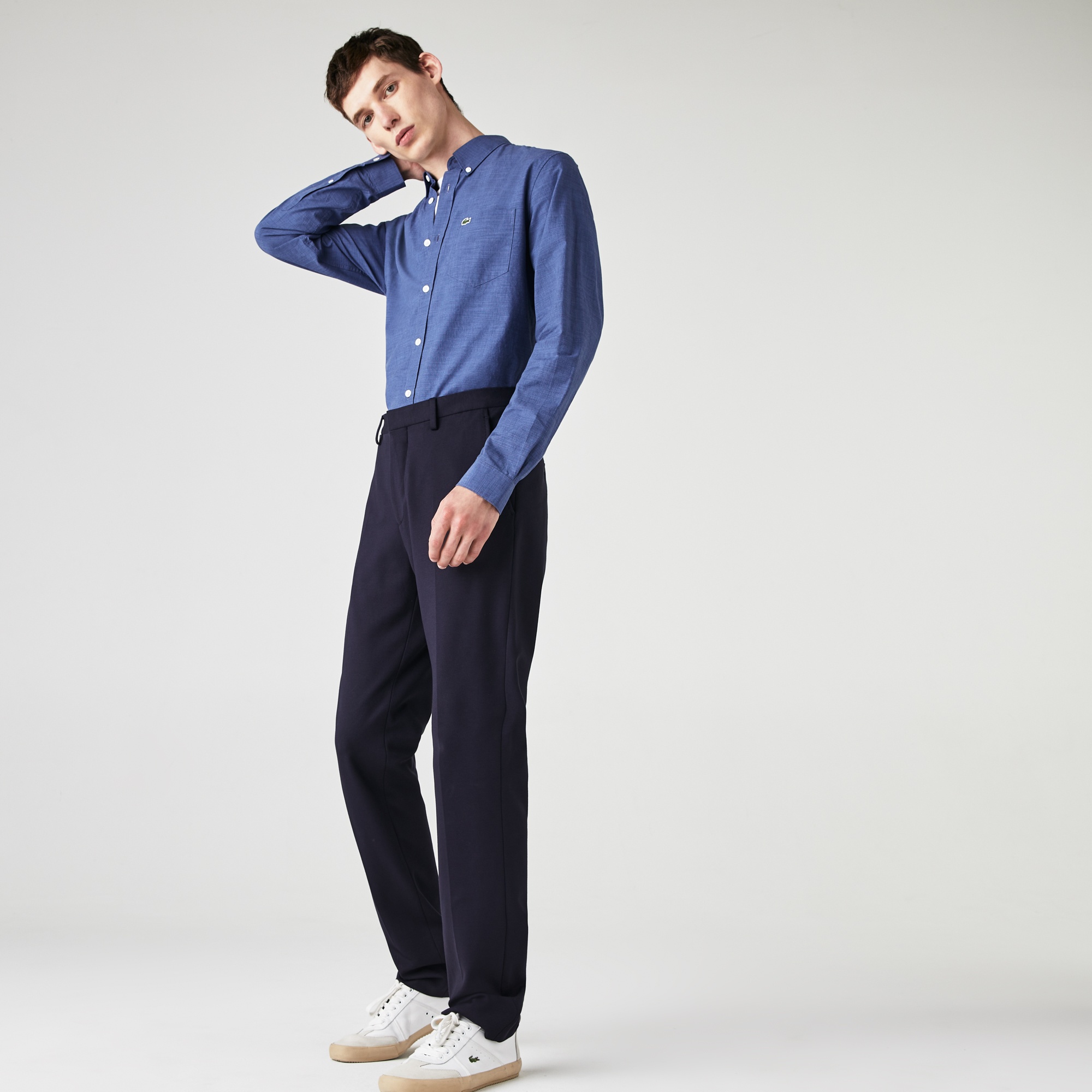 Lacoste Erkek Slim Fit Ekose Desenli Düğmeli Yaka Lacivert Gömlek