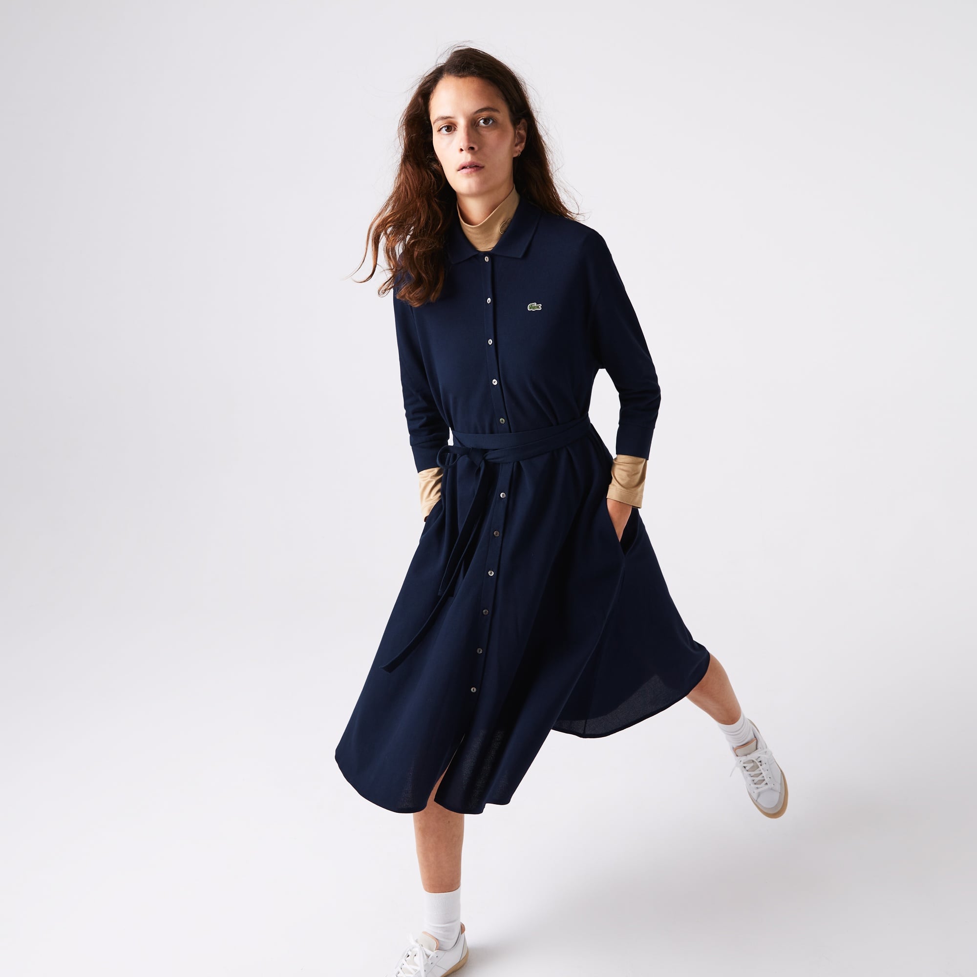 Lacoste Kadın Loose Fit Uzun Kollu Gömlek Yaka Lacivert Elbise