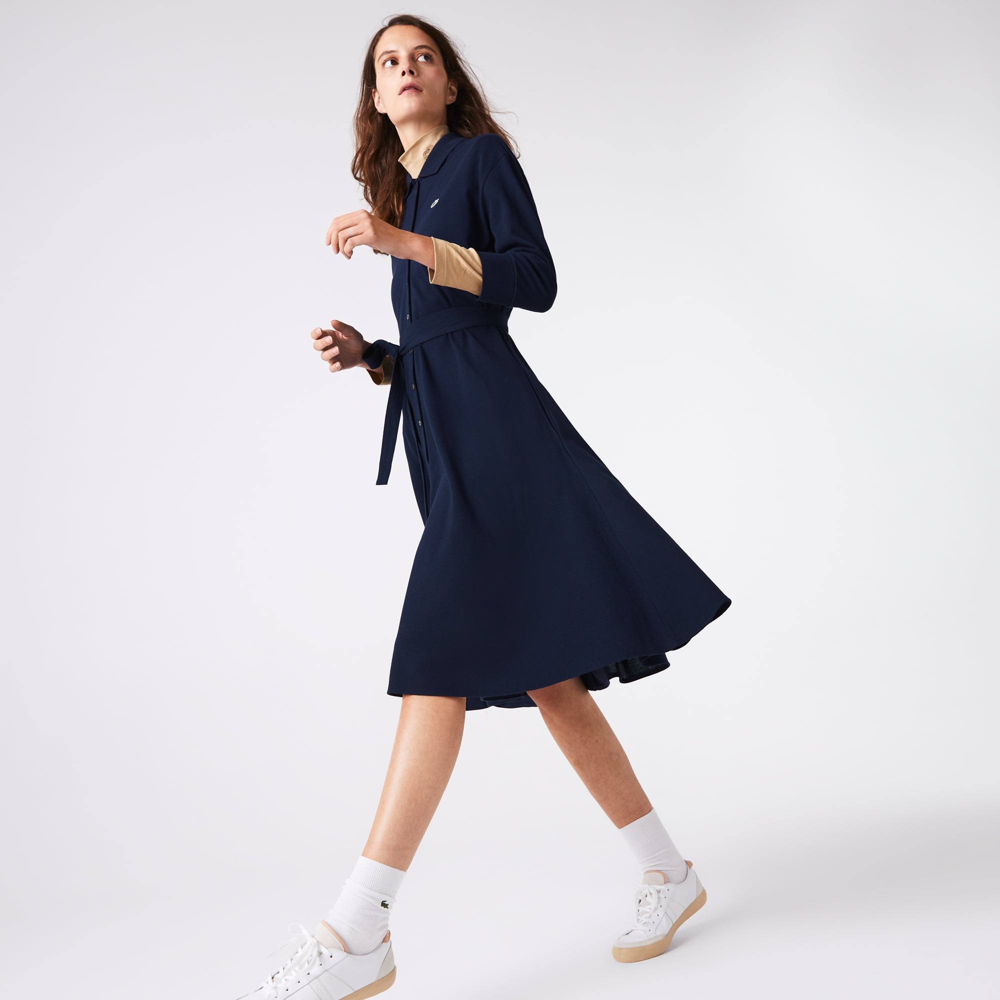 Lacoste Kadın Loose Fit Uzun Kollu Gömlek Yaka Lacivert Elbise