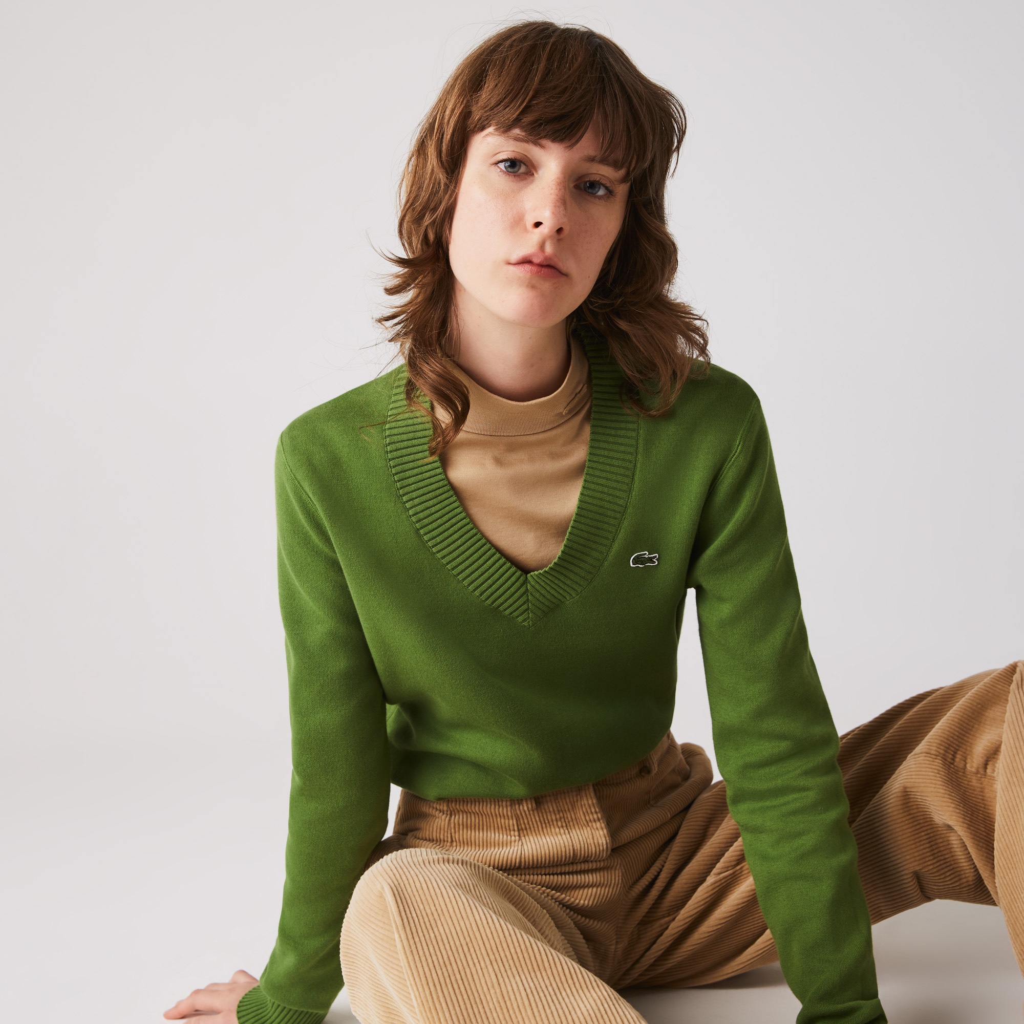Lacoste Kadın V Yaka Yeşil Triko Kazak