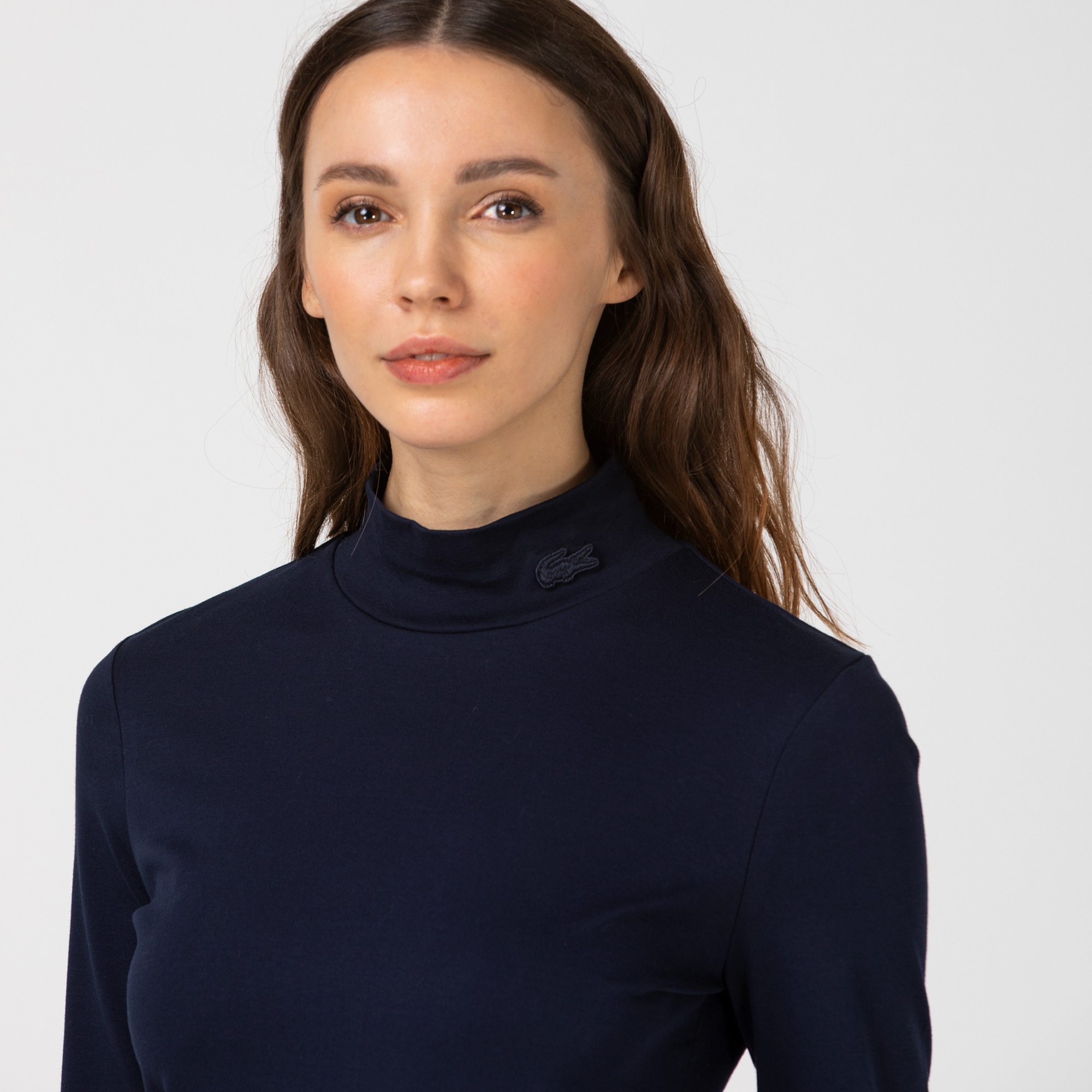 Lacoste Kadın Slim Fit Uzun Kollu Dik Yaka Lacivert T-Shirt