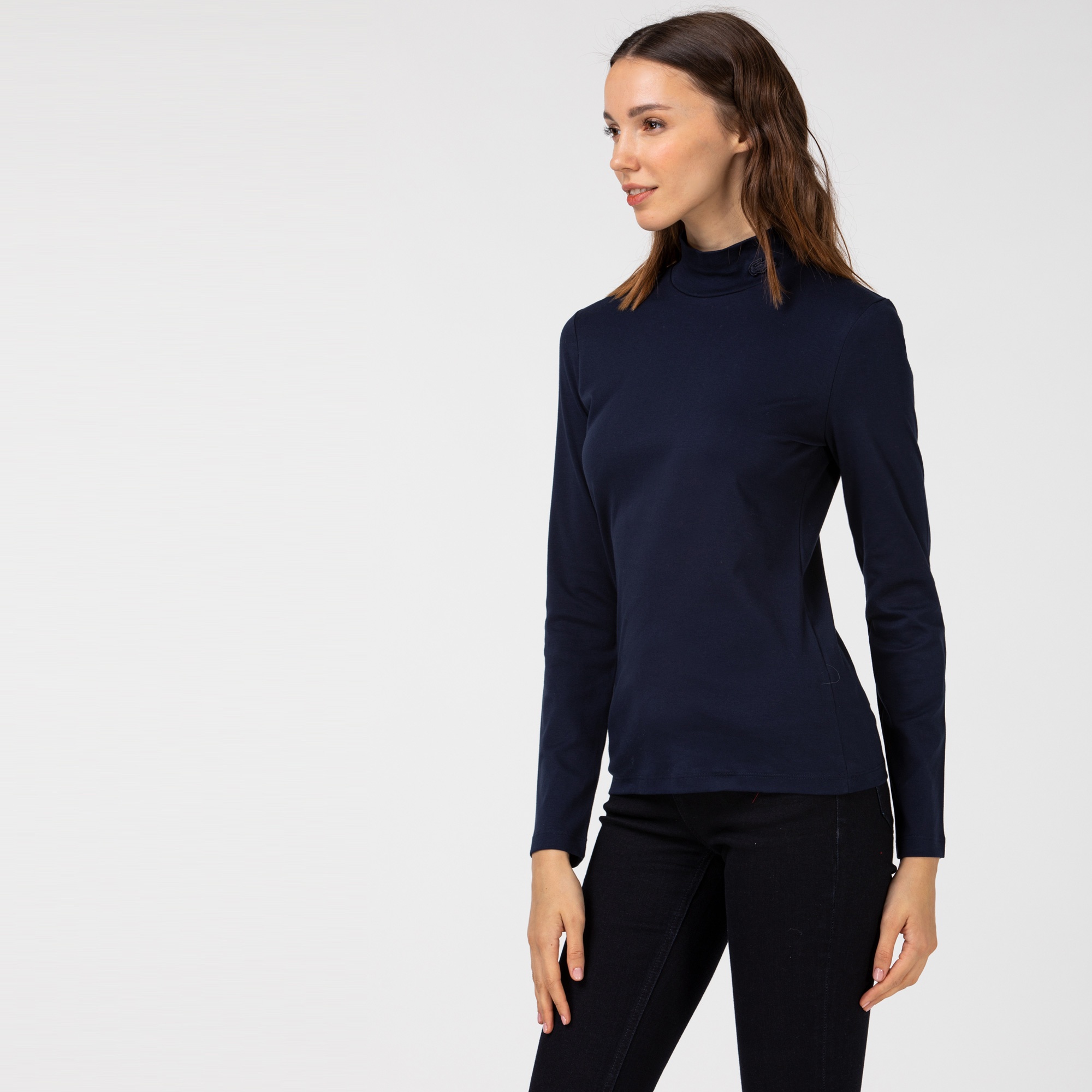 Lacoste Kadın Slim Fit Uzun Kollu Dik Yaka Lacivert T-Shirt