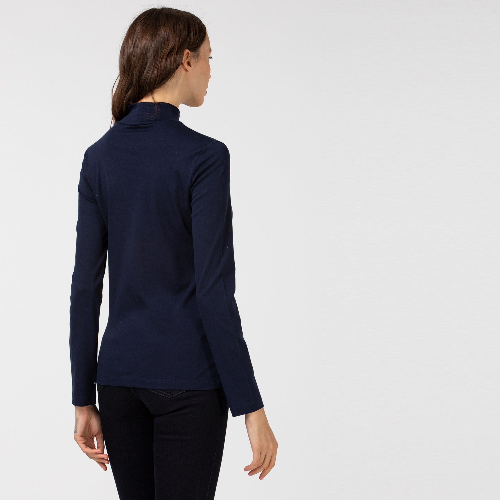 Lacoste Kadın Slim Fit Uzun Kollu Dik Yaka Lacivert T-Shirt