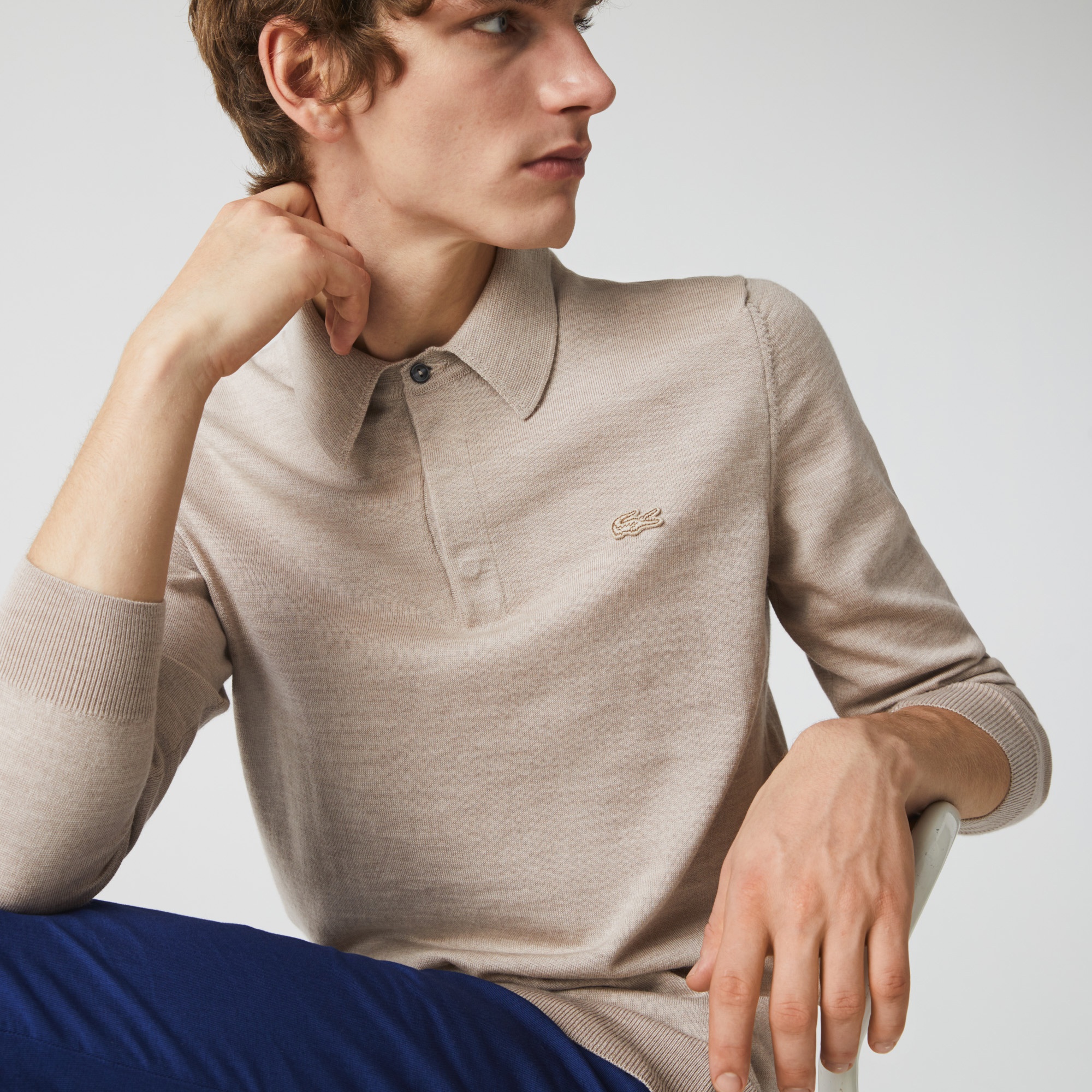 Lacoste Erkek Yün Polo Yaka Bej Triko Kazak