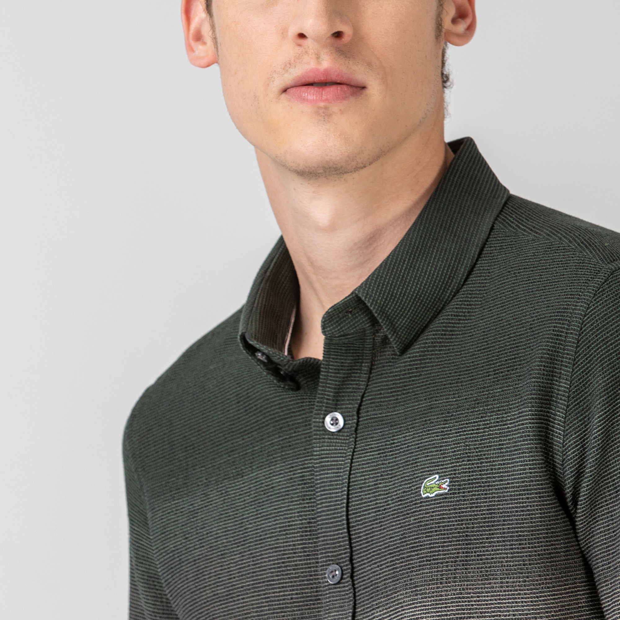 Lacoste Erkek Slim Fit Blok Desenli Haki Gömlek