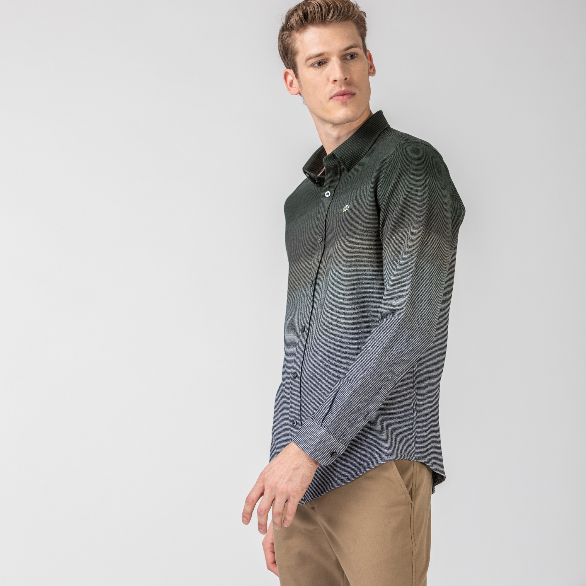 Lacoste Erkek Slim Fit Blok Desenli Haki Gömlek