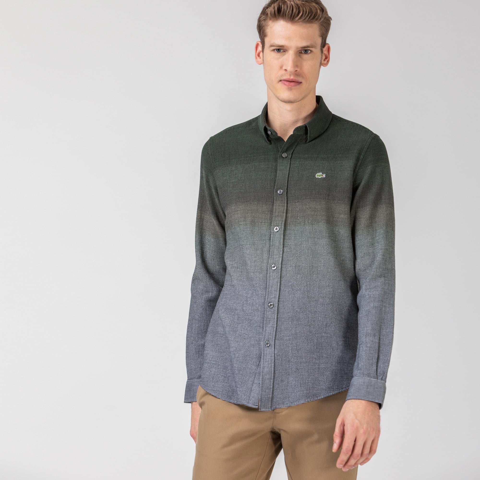 Lacoste Erkek Slim Fit Blok Desenli Haki Gömlek