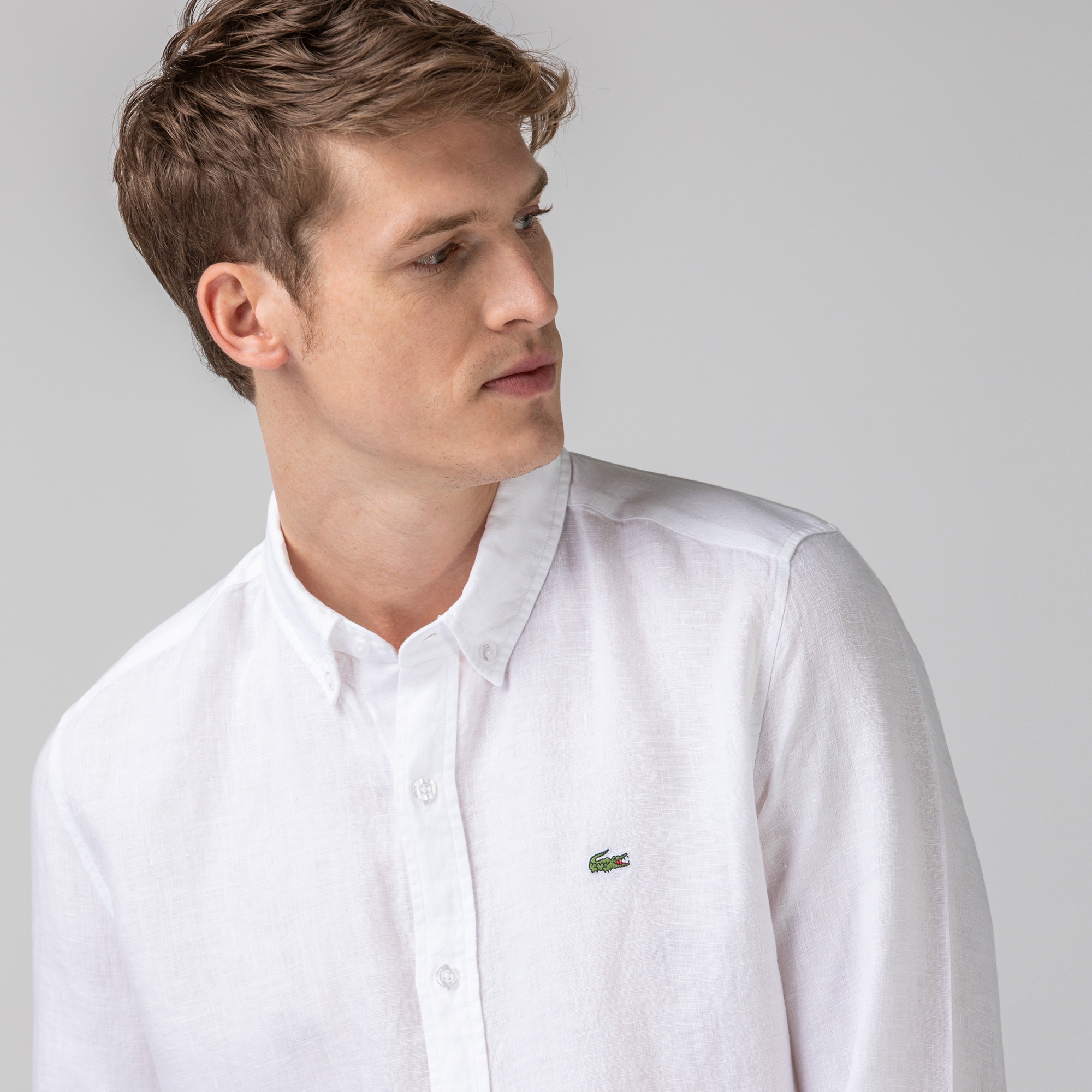 Lacoste Erkek Slim Fit Düğmeli Yaka Keten Beyaz Gömlek CH0826L-26B