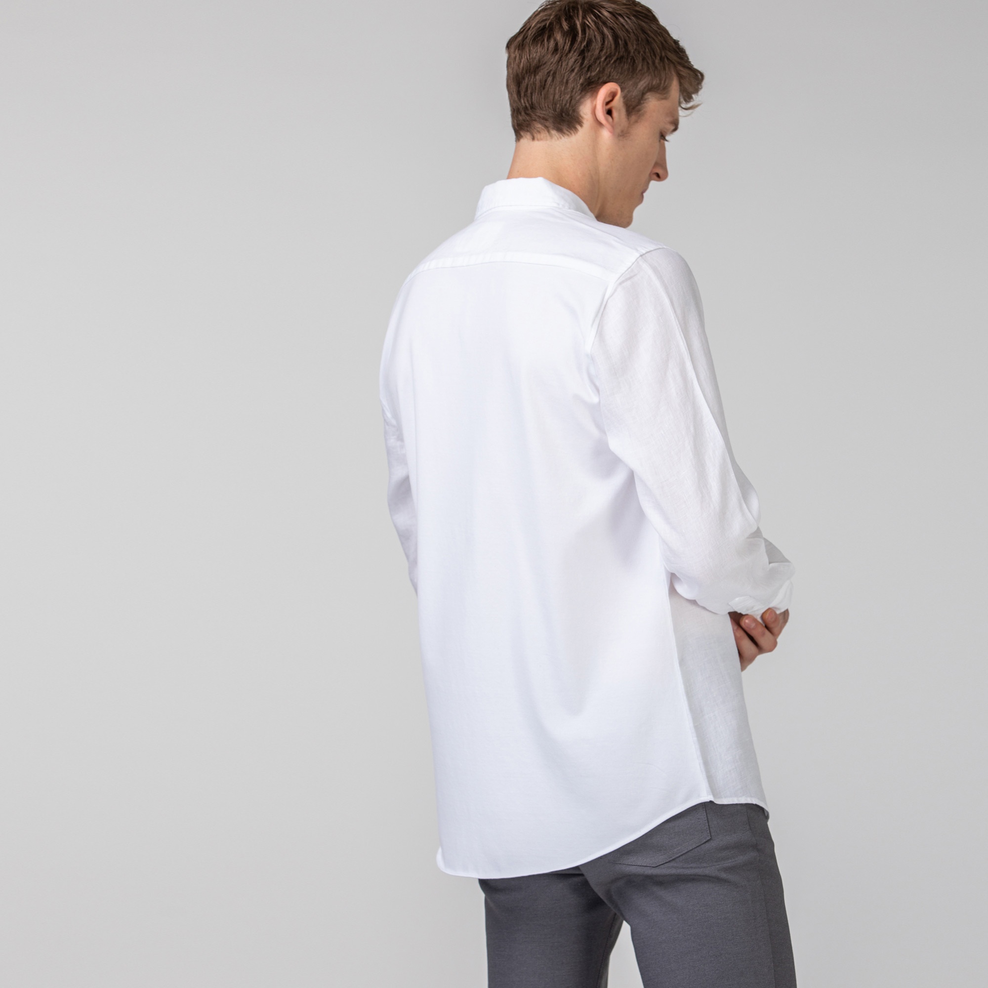 Lacoste Erkek Slim Fit Düğmeli Yaka Keten Beyaz Gömlek