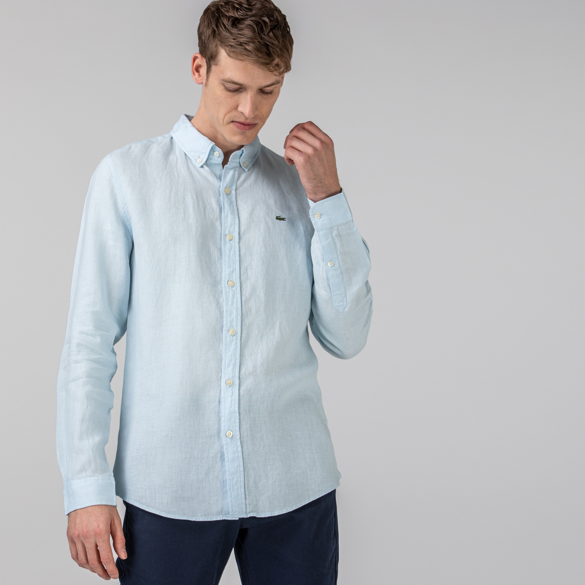 Lacoste Erkek Slim Fit Keten Mavi Gömlek