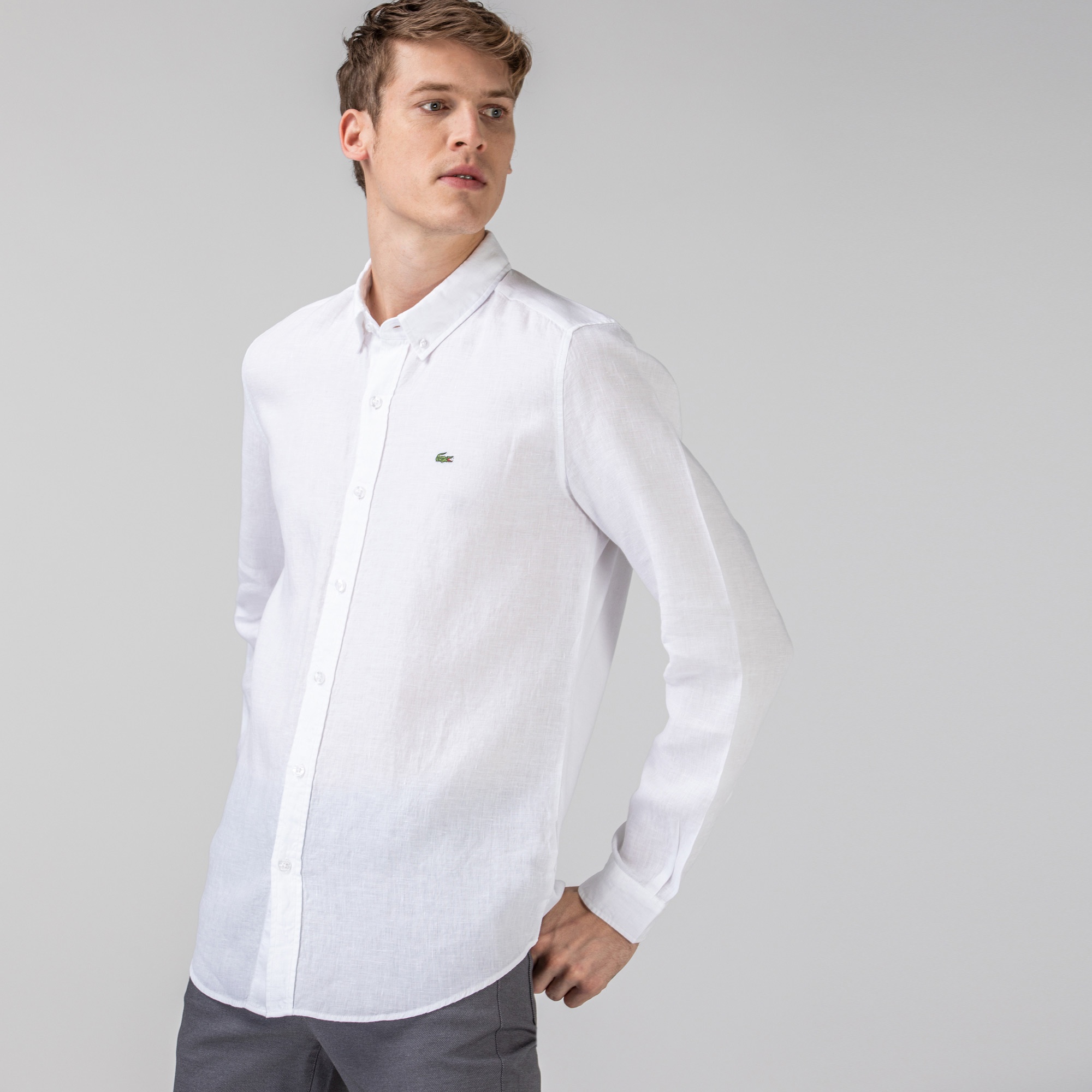 Lacoste Erkek Slim Fit Düğmeli Yaka Keten Beyaz Gömlek