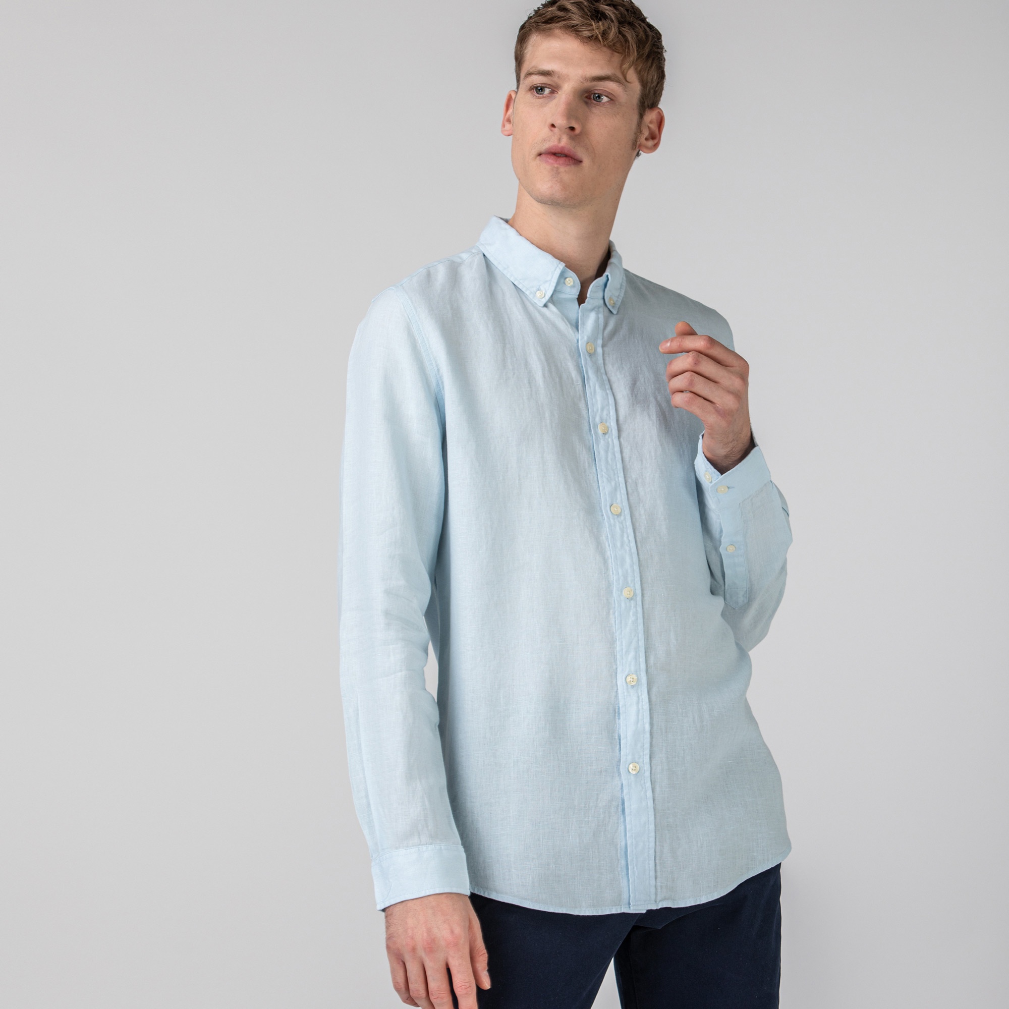 Lacoste Erkek Slim Fit Keten Mavi Gömlek