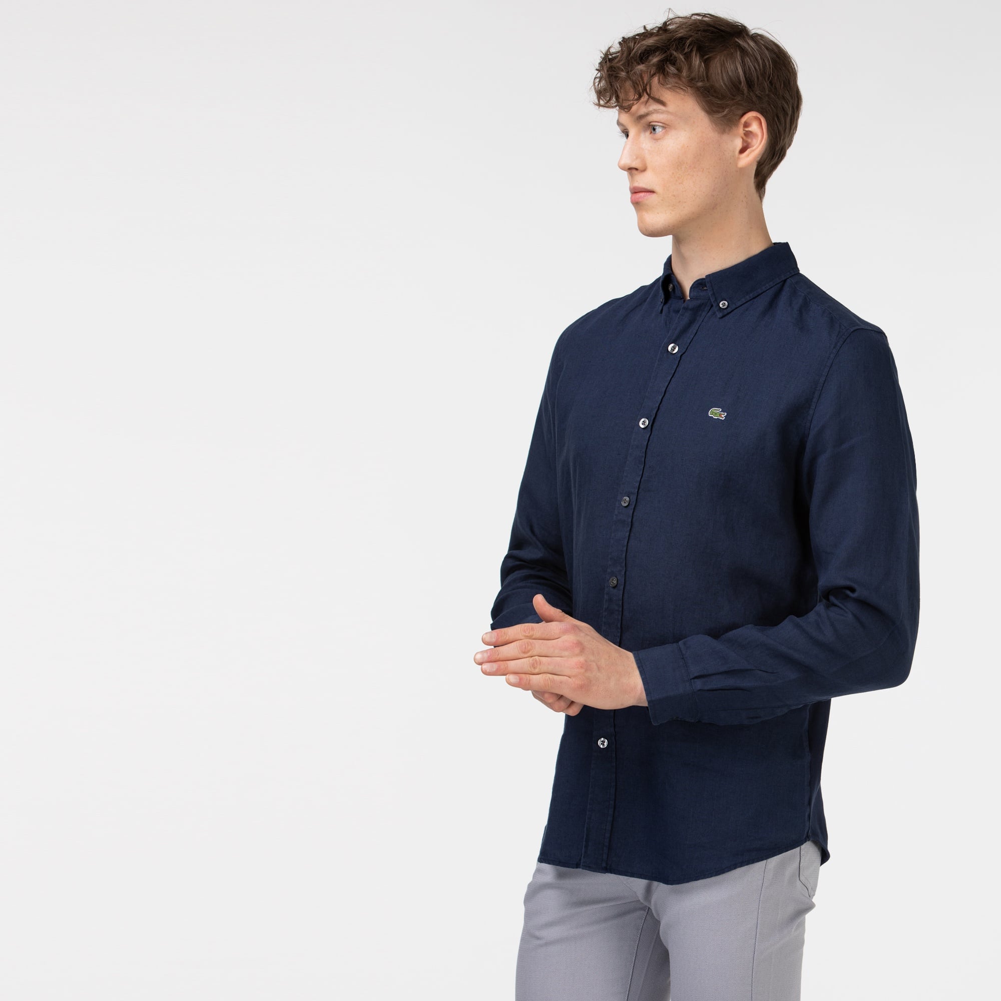 Lacoste Erkek Slim Fit Keten Lacivert Gömlek