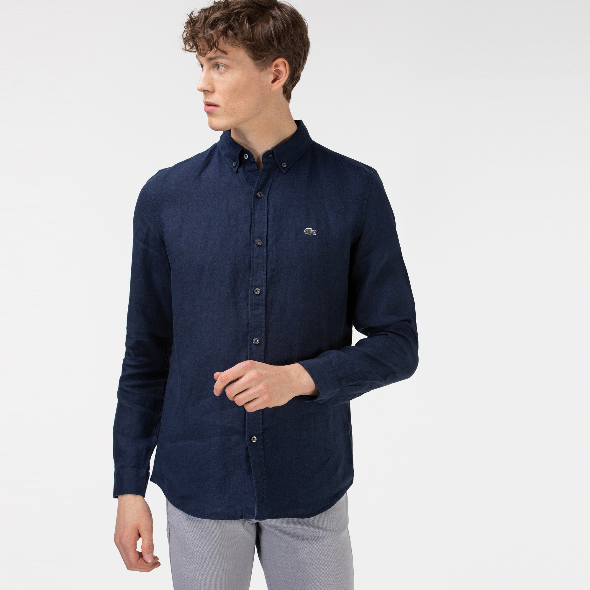 Lacoste Erkek Slim Fit Keten Lacivert Gömlek