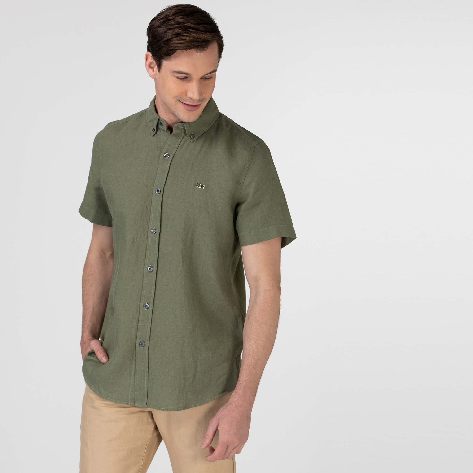 Lacoste Erkek Slim Fit Kısa Kollu Haki Gömlek