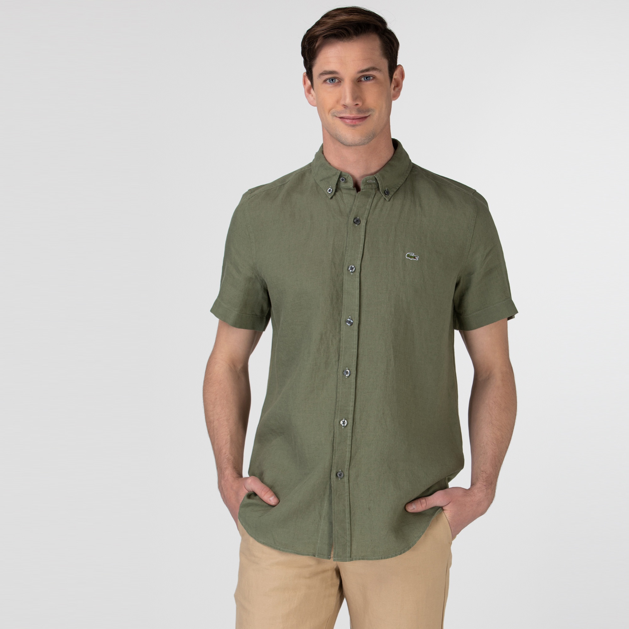 Lacoste Erkek Slim Fit Kısa Kollu Haki Gömlek