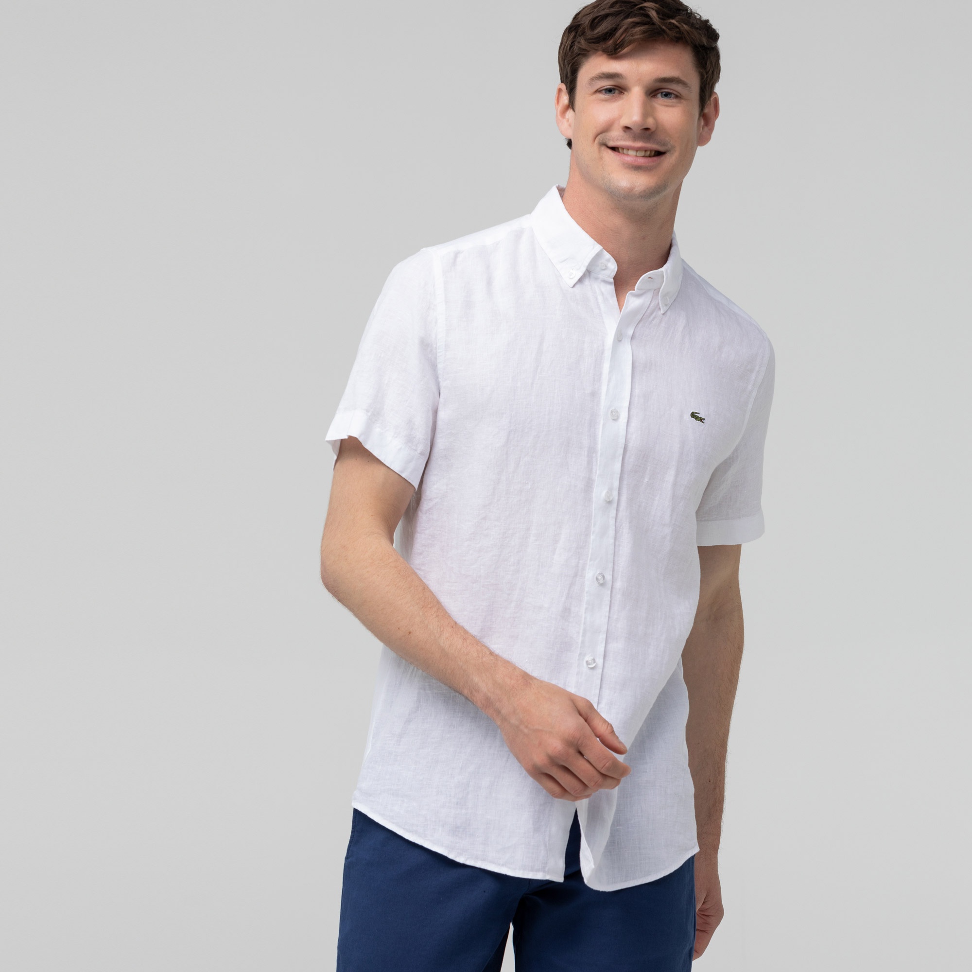 Lacoste Erkek Slim Fit Kısa Kollu Keten Beyaz Gömlek