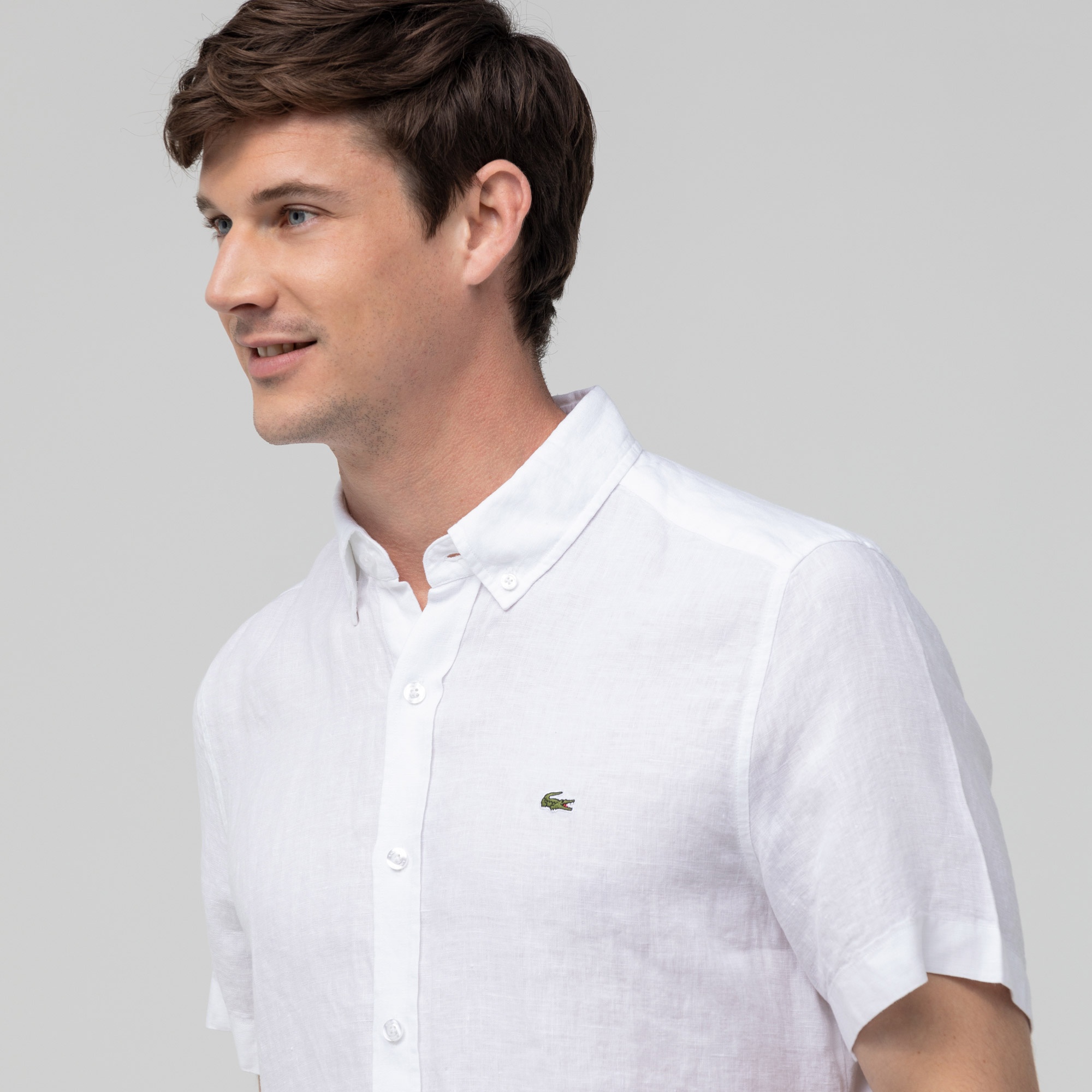 Lacoste Erkek Slim Fit Kısa Kollu Keten Beyaz Gömlek