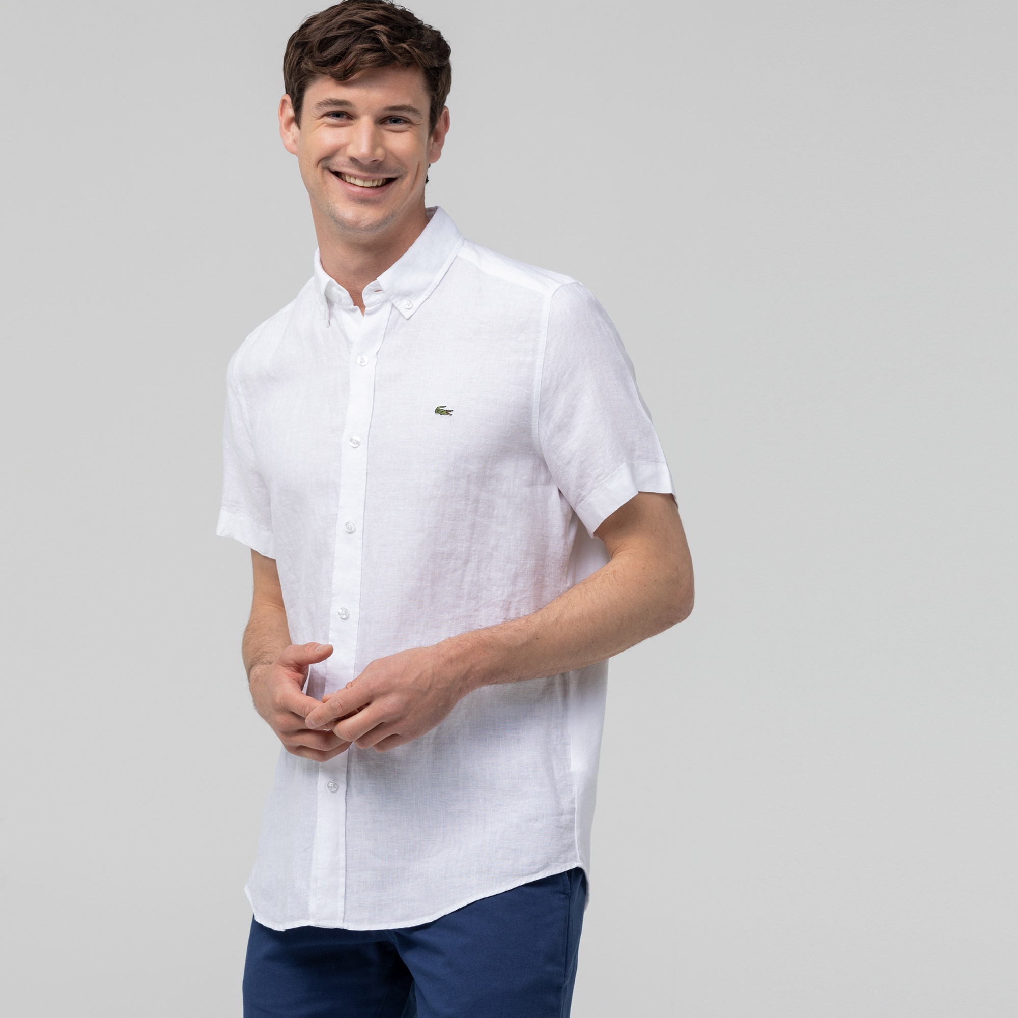 Lacoste Erkek Slim Fit Kısa Kollu Keten Beyaz Gömlek