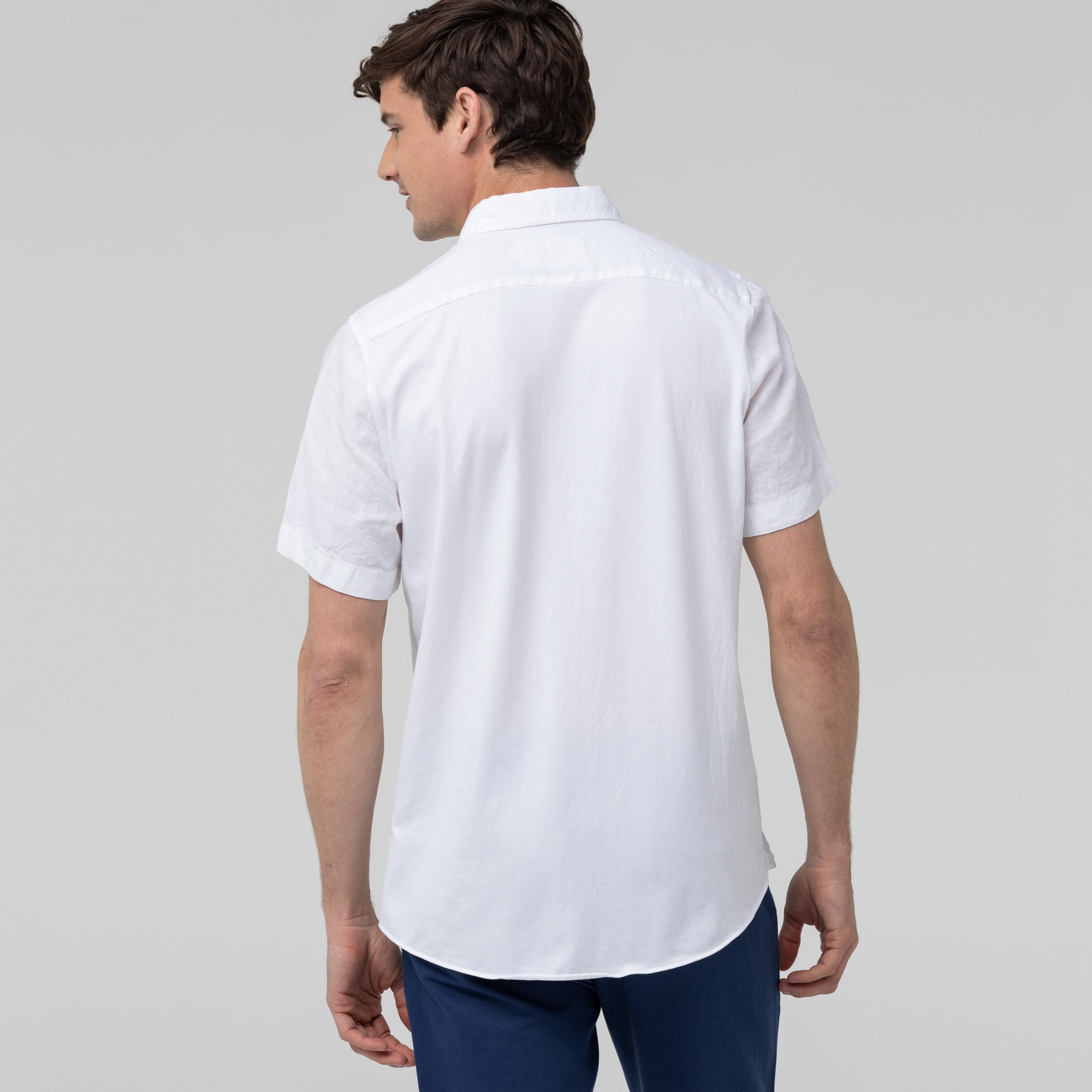 Lacoste Erkek Slim Fit Kısa Kollu Keten Beyaz Gömlek