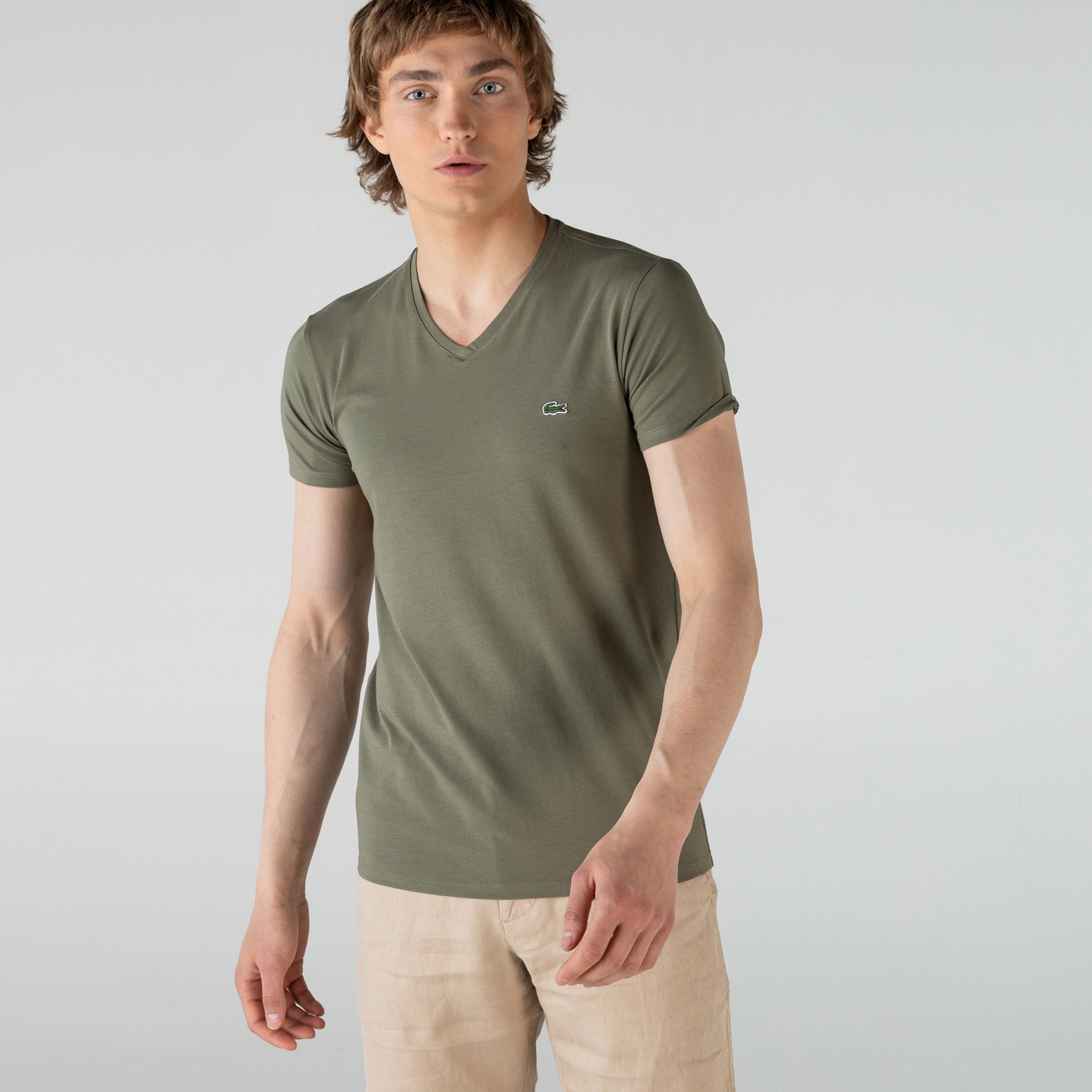 Lacoste Erkek Slim Fit V Yaka Yeşil T-Shirt