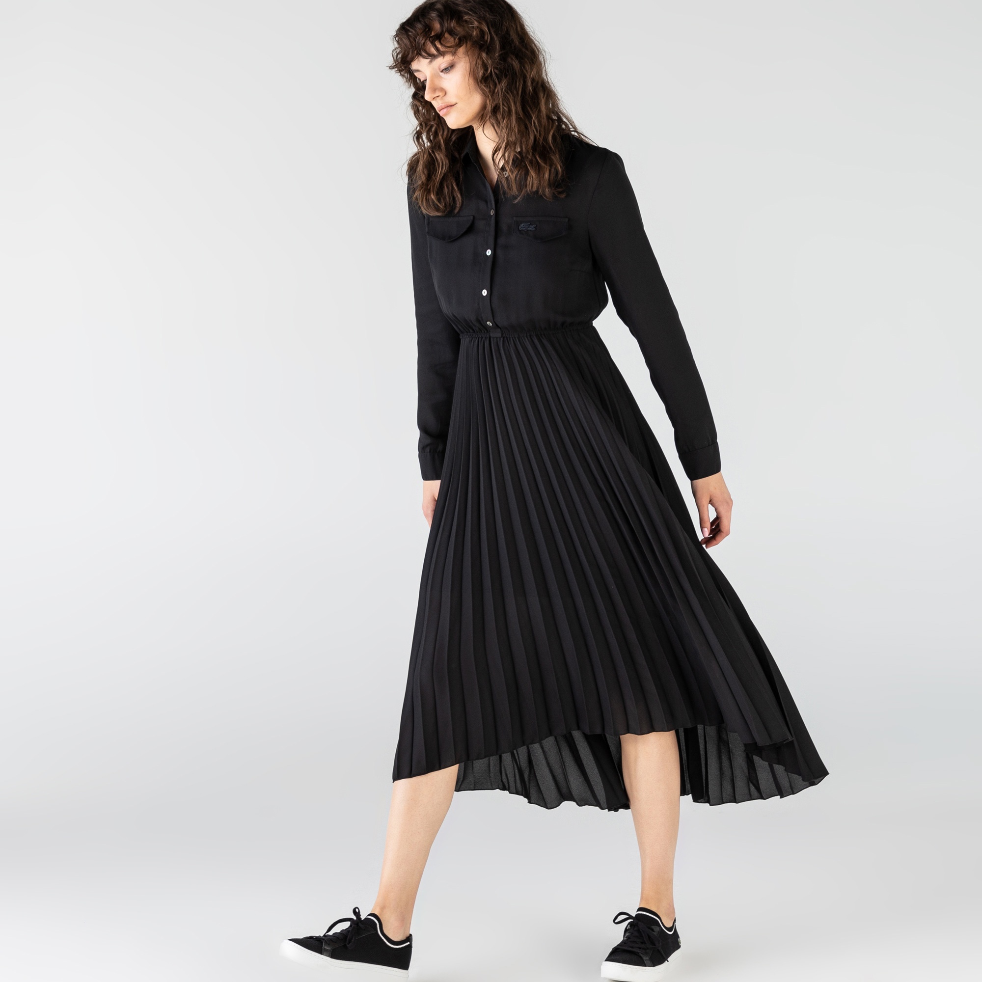 Lacoste Kadın Regular Fit Uzun Kollu Gömlek Yaka Siyah Elbise