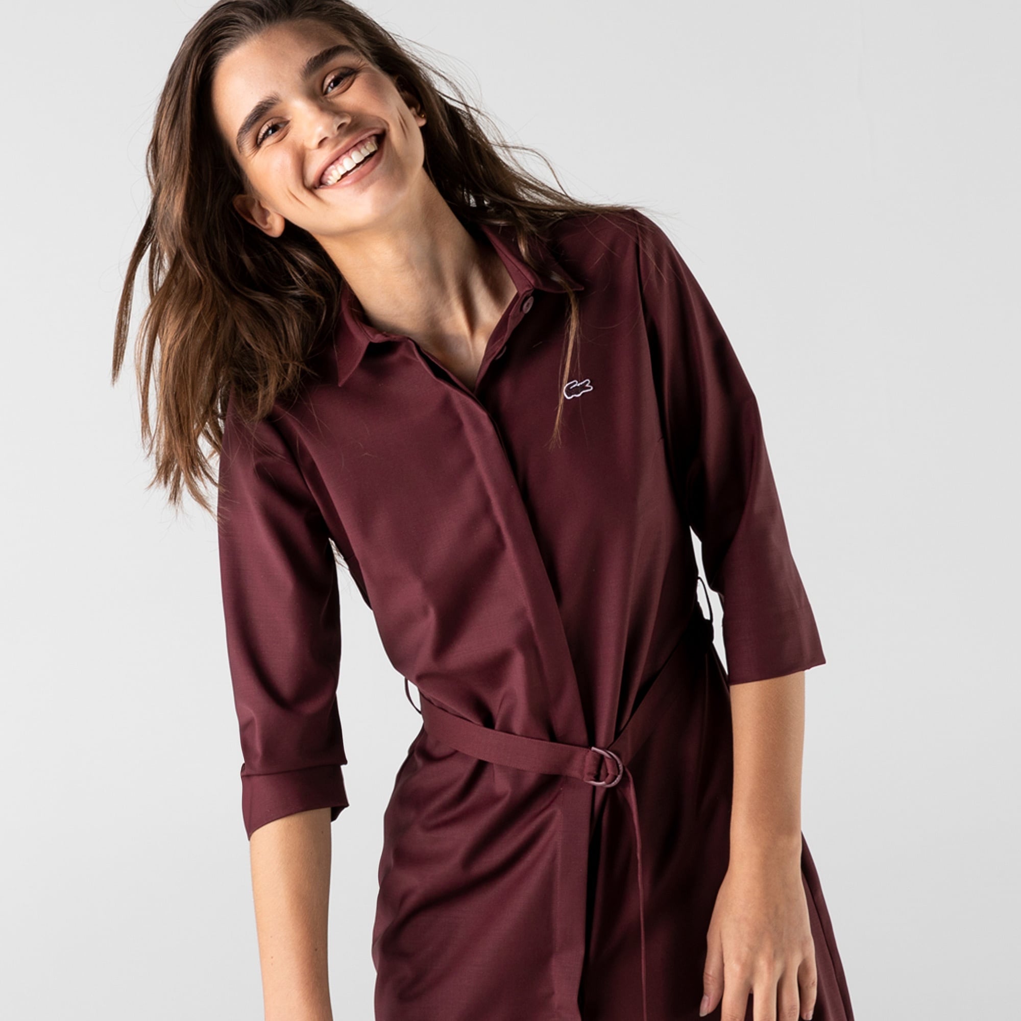 Lacoste Kadın Regular Fit Uzun Kollu Gömlek Yaka Bordo Elbise