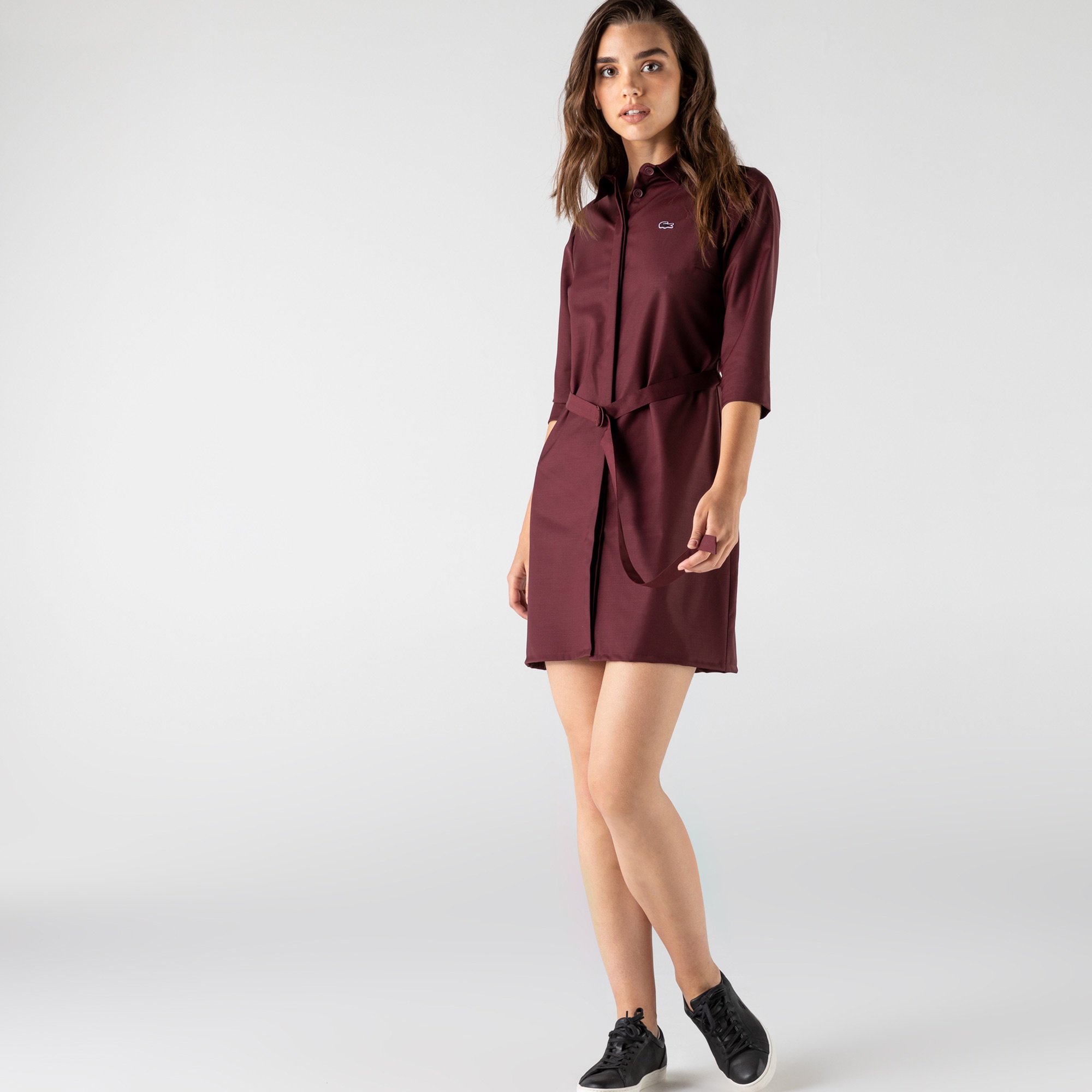 Lacoste Kadın Regular Fit Uzun Kollu Gömlek Yaka Bordo Elbise