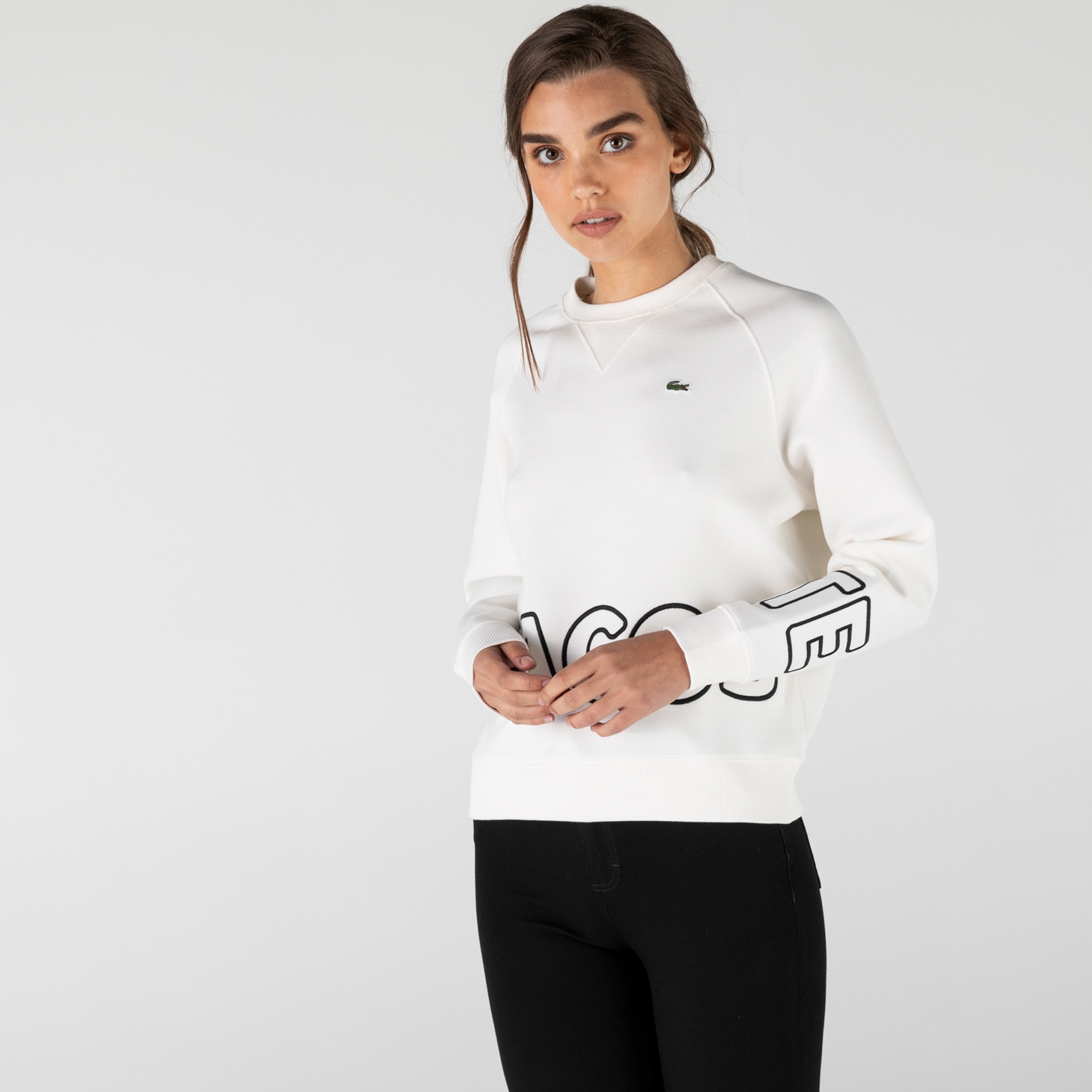 Lacoste L!VE Kadın Loose Fit Bisiklet Yaka Baskılı Beyaz Sweatshirt