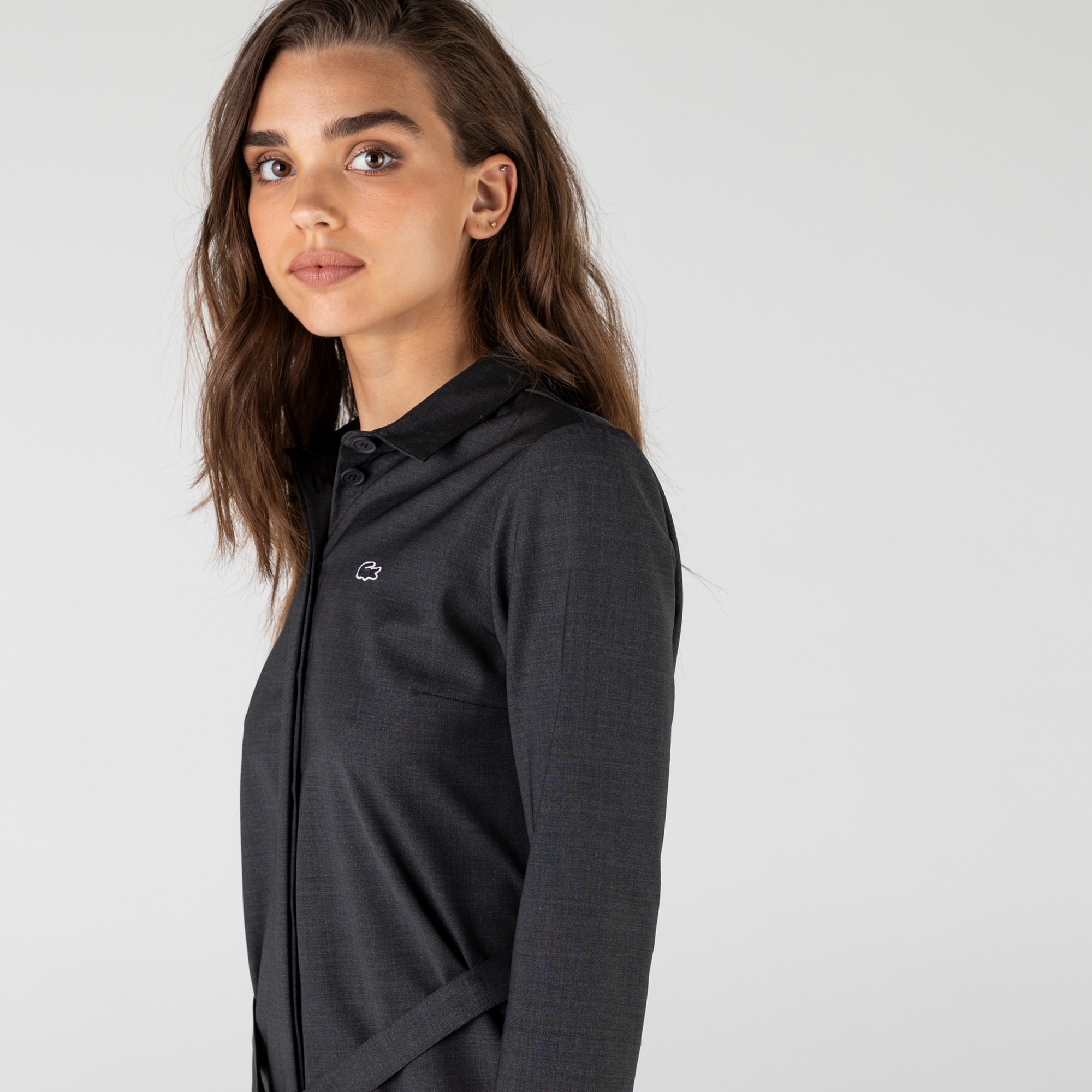 Lacoste Kadın Regular Fit Truvakar Kollu Gömlek Yaka Gri Elbise