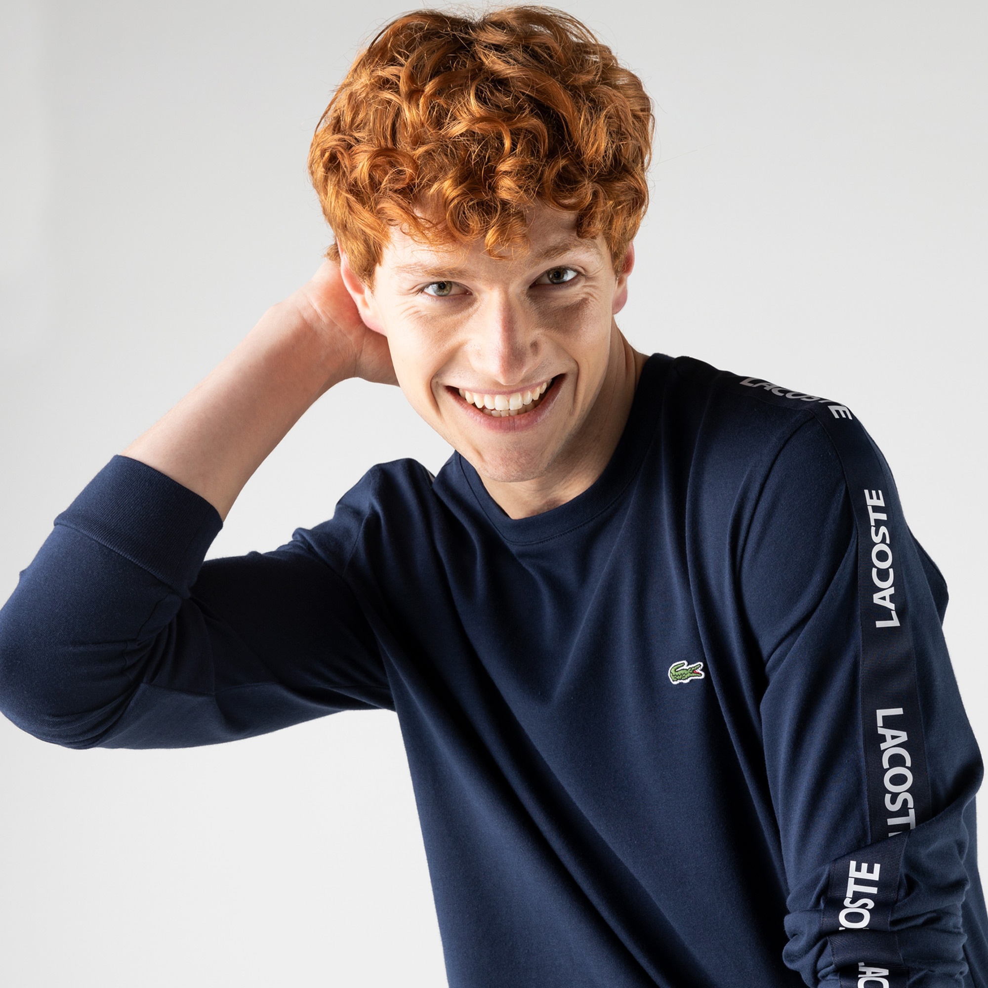 Lacoste Erkek Slim Fit Uzun Kollu Bisiklet Yaka Baskılı Lacivert T-Shirt