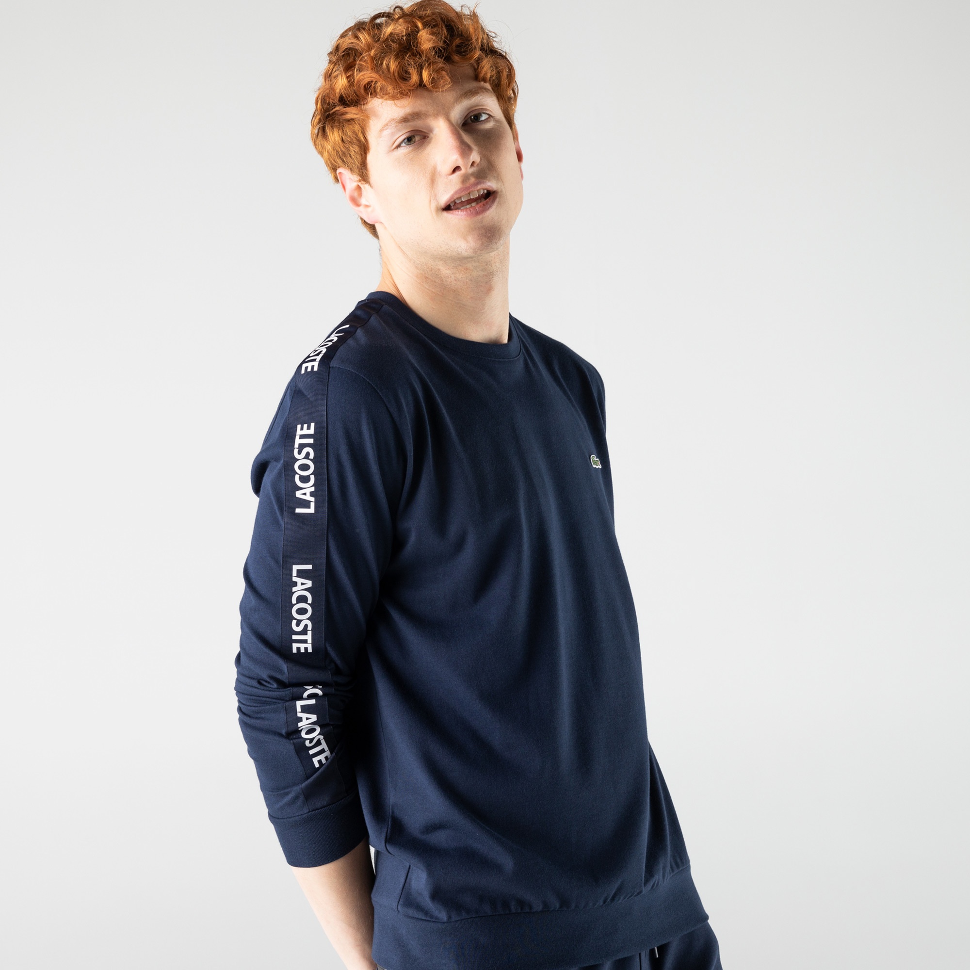 Lacoste Erkek Slim Fit Uzun Kollu Bisiklet Yaka Baskılı Lacivert T-Shirt