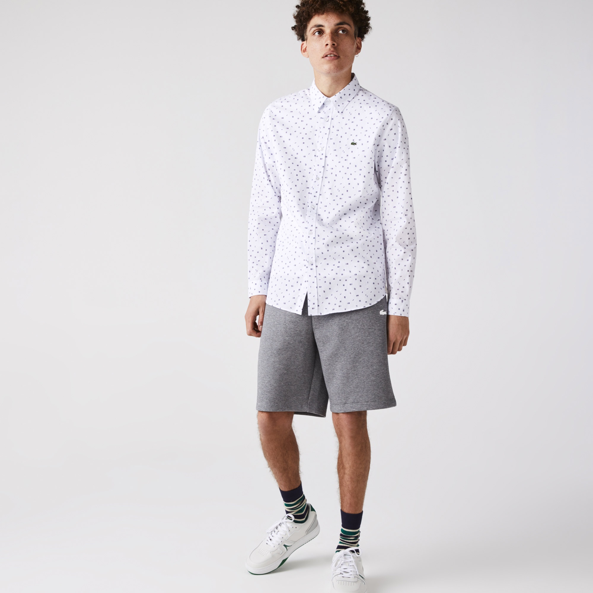 Lacoste Erkek Slim Fit Uzun Kollu Desenli Beyaz Gömlek