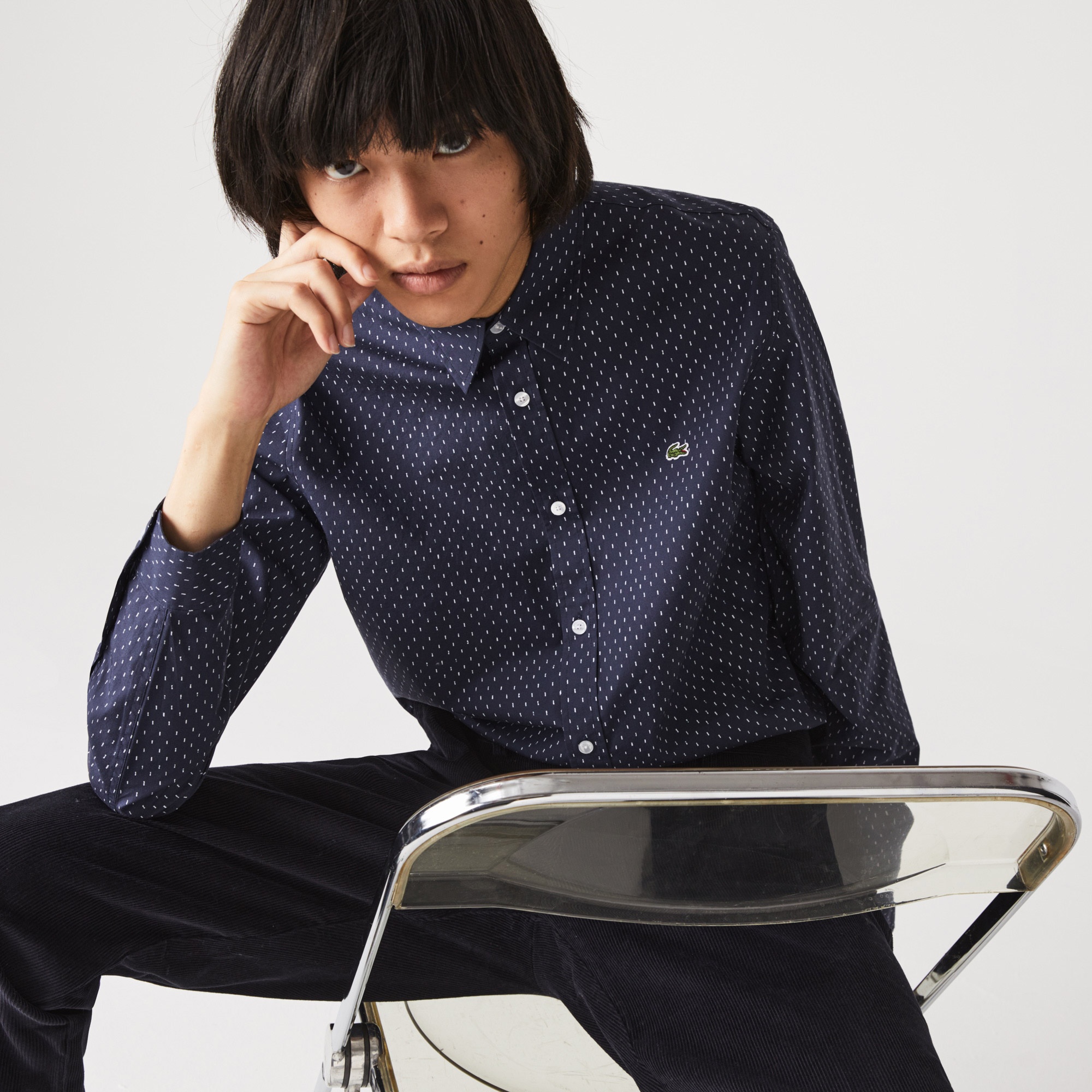 Lacoste Erkek Slim Fit Desenli Poplin Mavi Gömlek