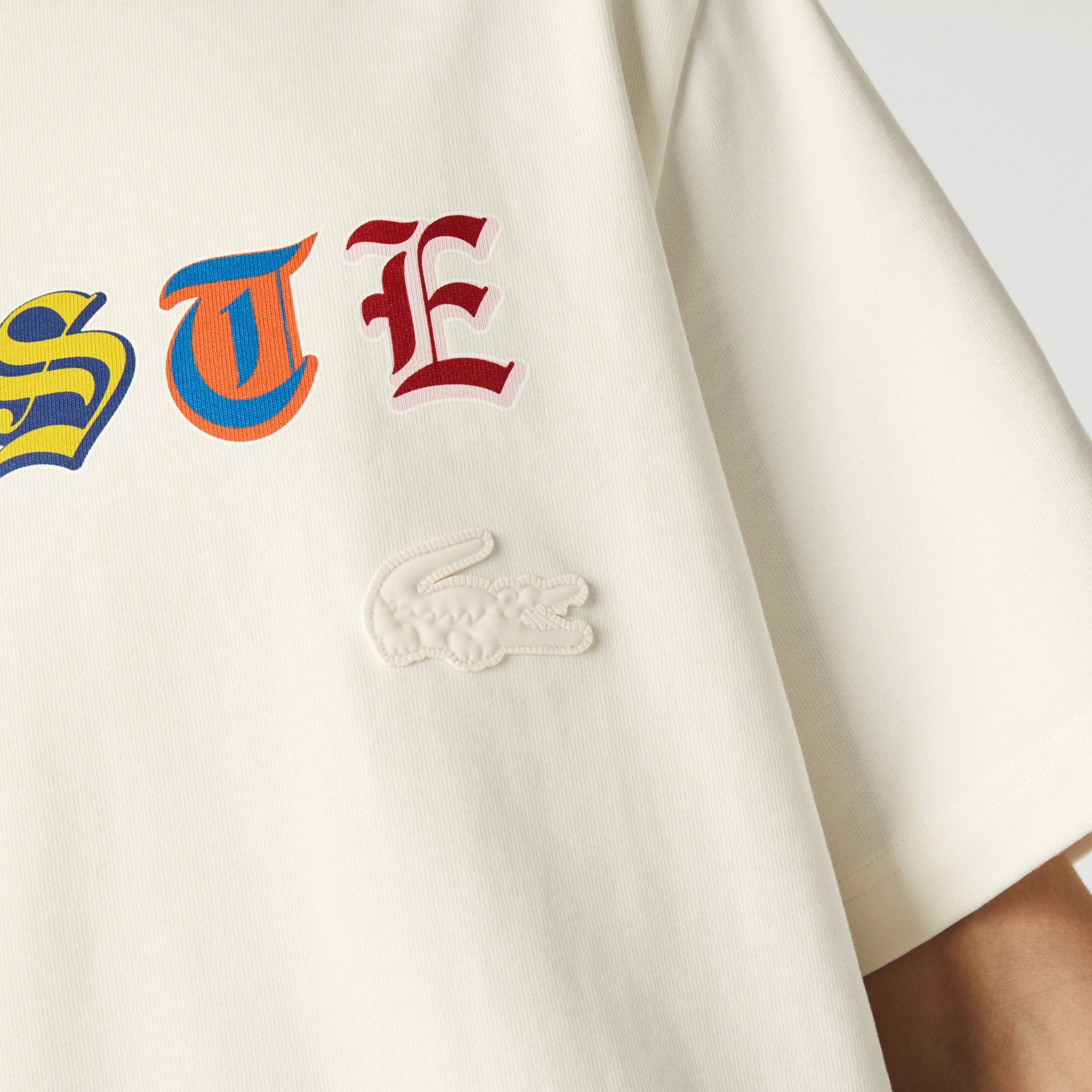 Lacoste L!VE Erkek Relaxed Fit Bisiklet Yaka Baskılı Beyaz T-Shirt