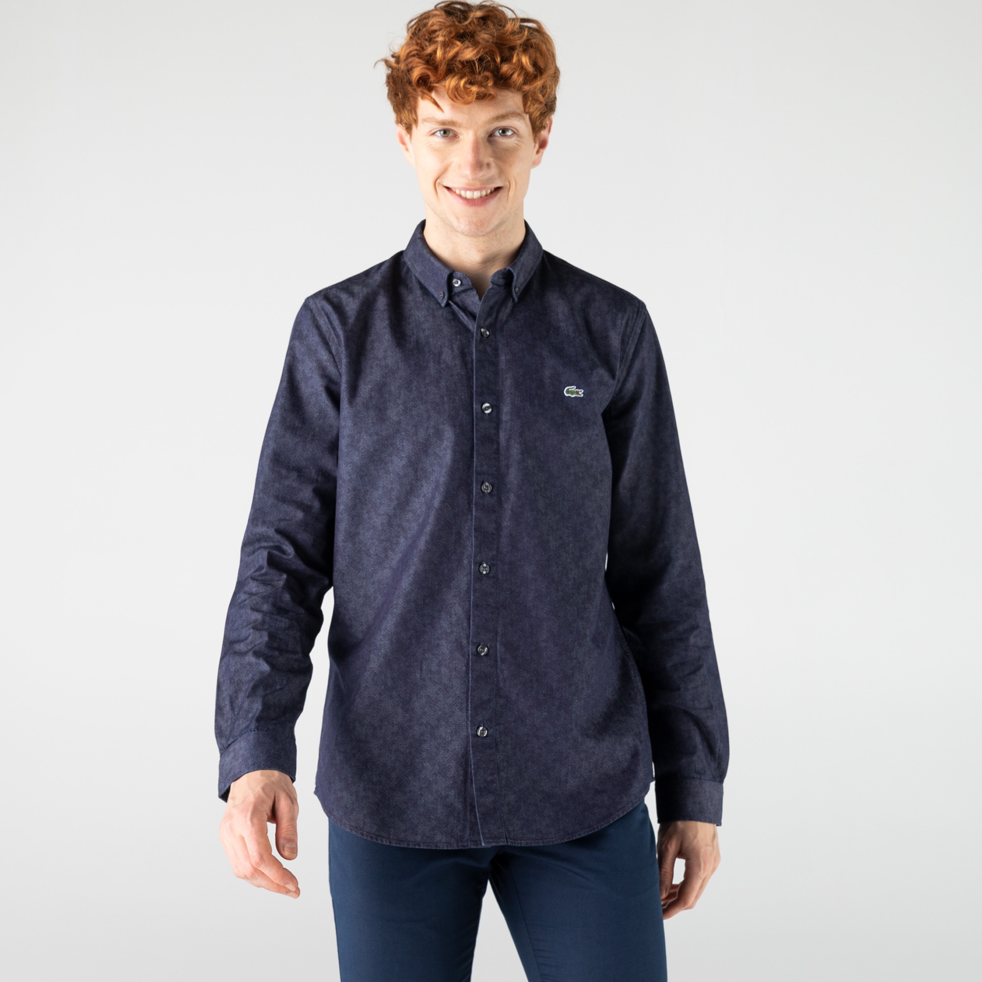 Lacoste Erkek Slim Fit Desenli İndigo Gömlek
