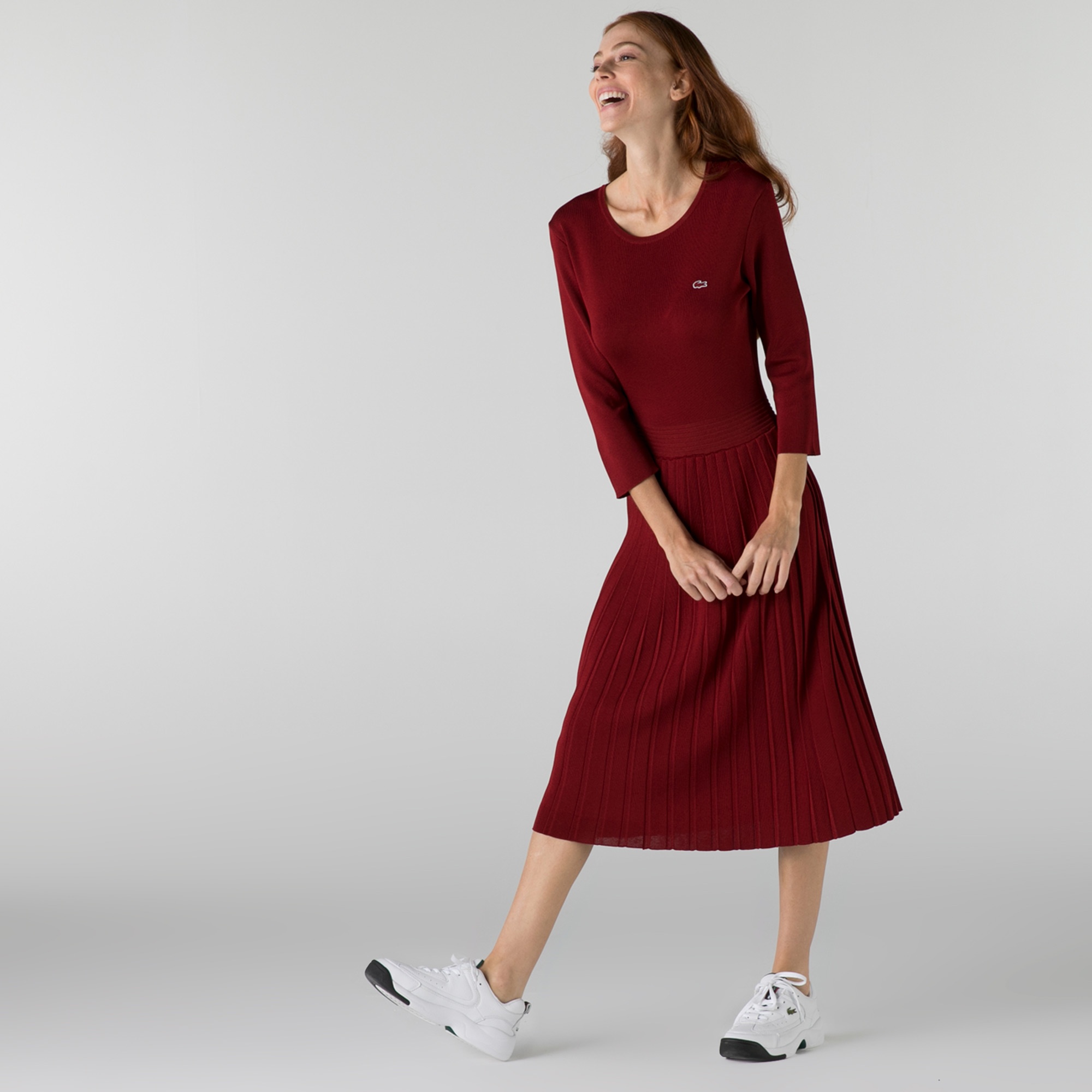 Lacoste Kadın Regular Fit Truvakar Kollu Kayık Yaka Bordo Elbise