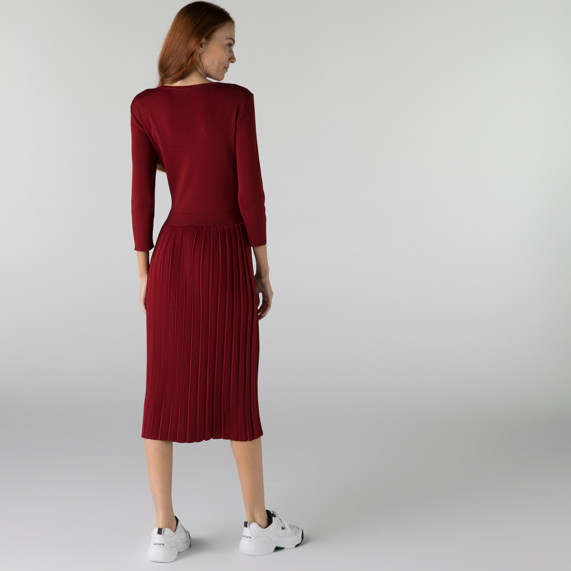 Lacoste Kadın Regular Fit Truvakar Kollu Kayık Yaka Bordo Elbise