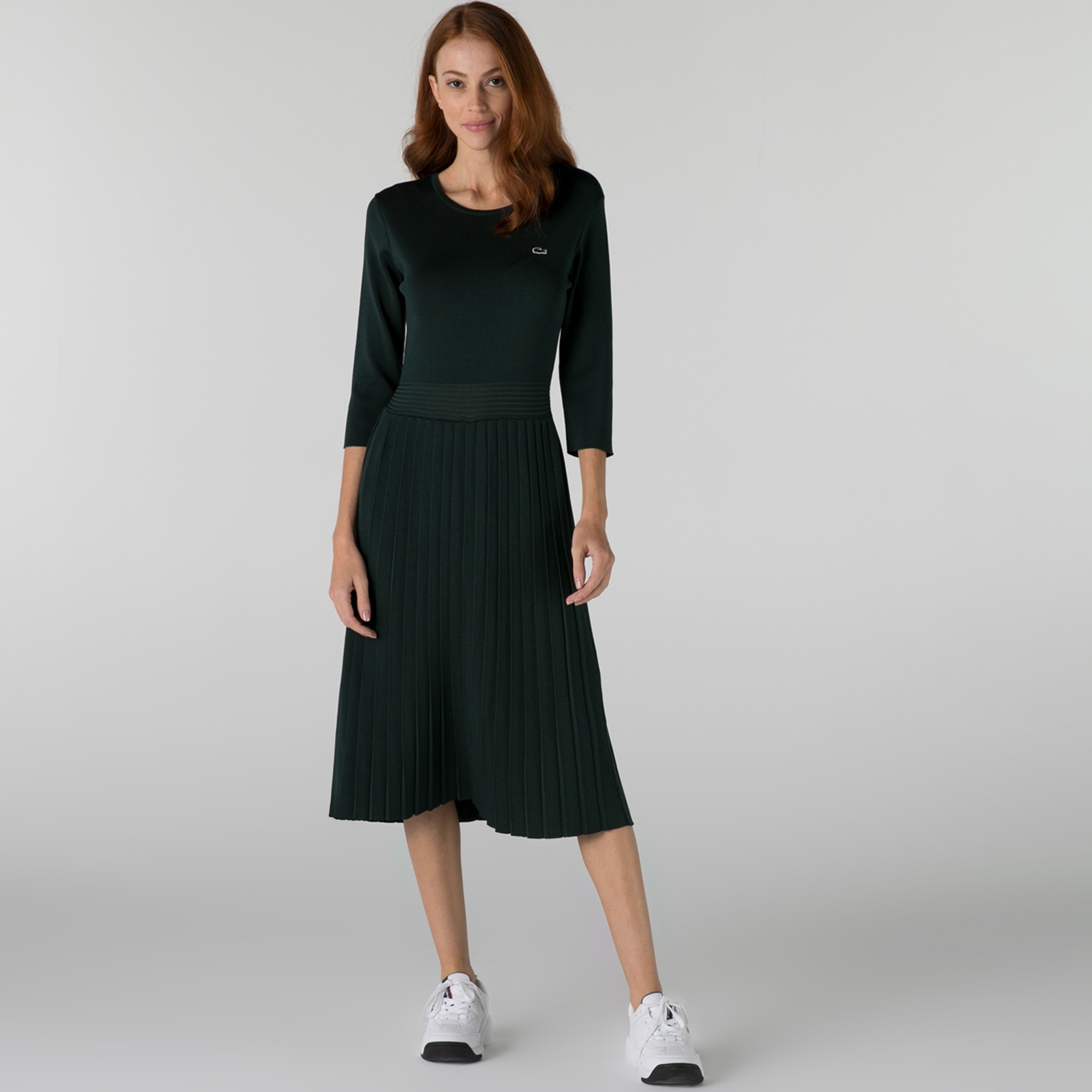 Lacoste Kadın Regular Fit Uzun Kollu Bisiklet Yaka Yeşil Elbise