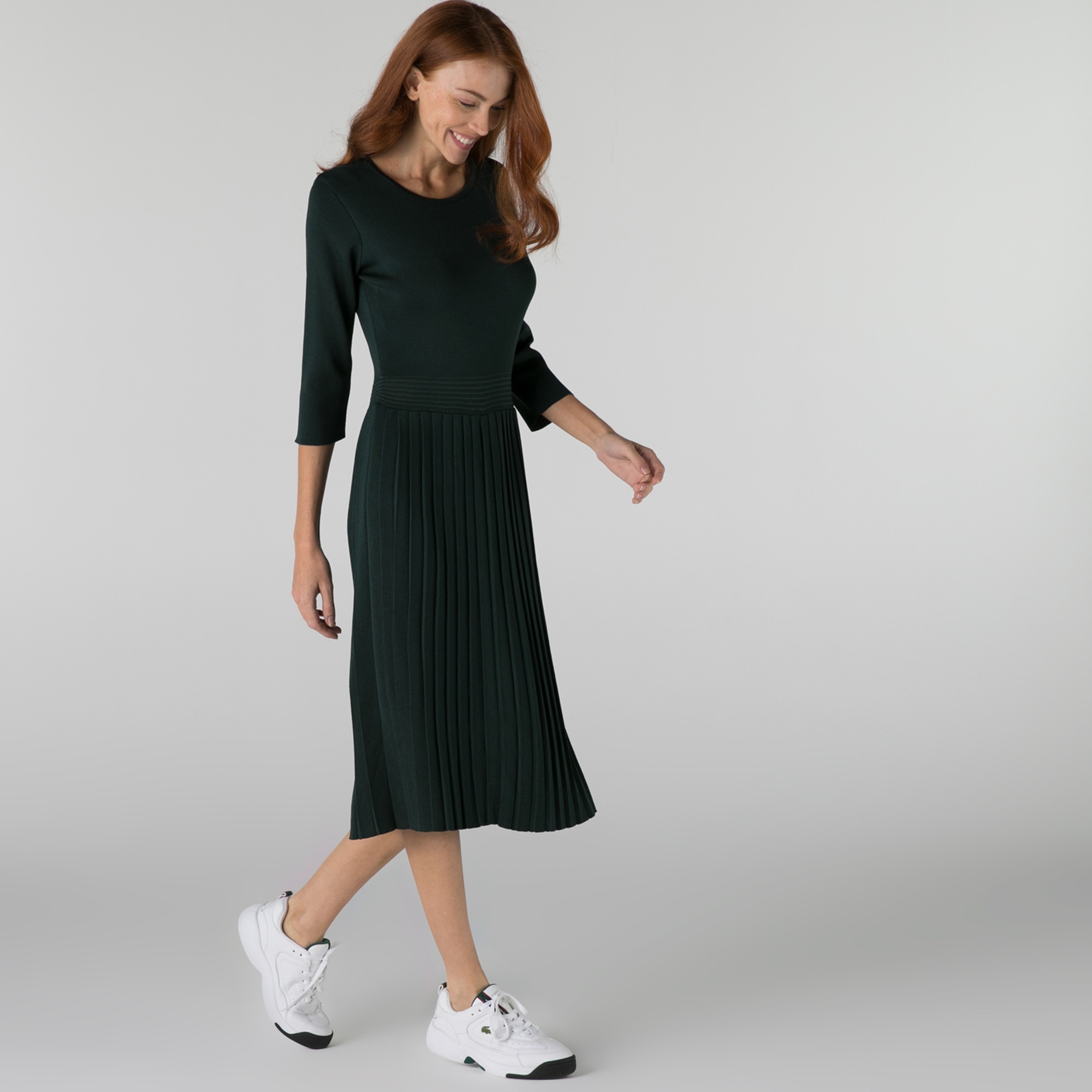 Lacoste Kadın Regular Fit Uzun Kollu Bisiklet Yaka Yeşil Elbise