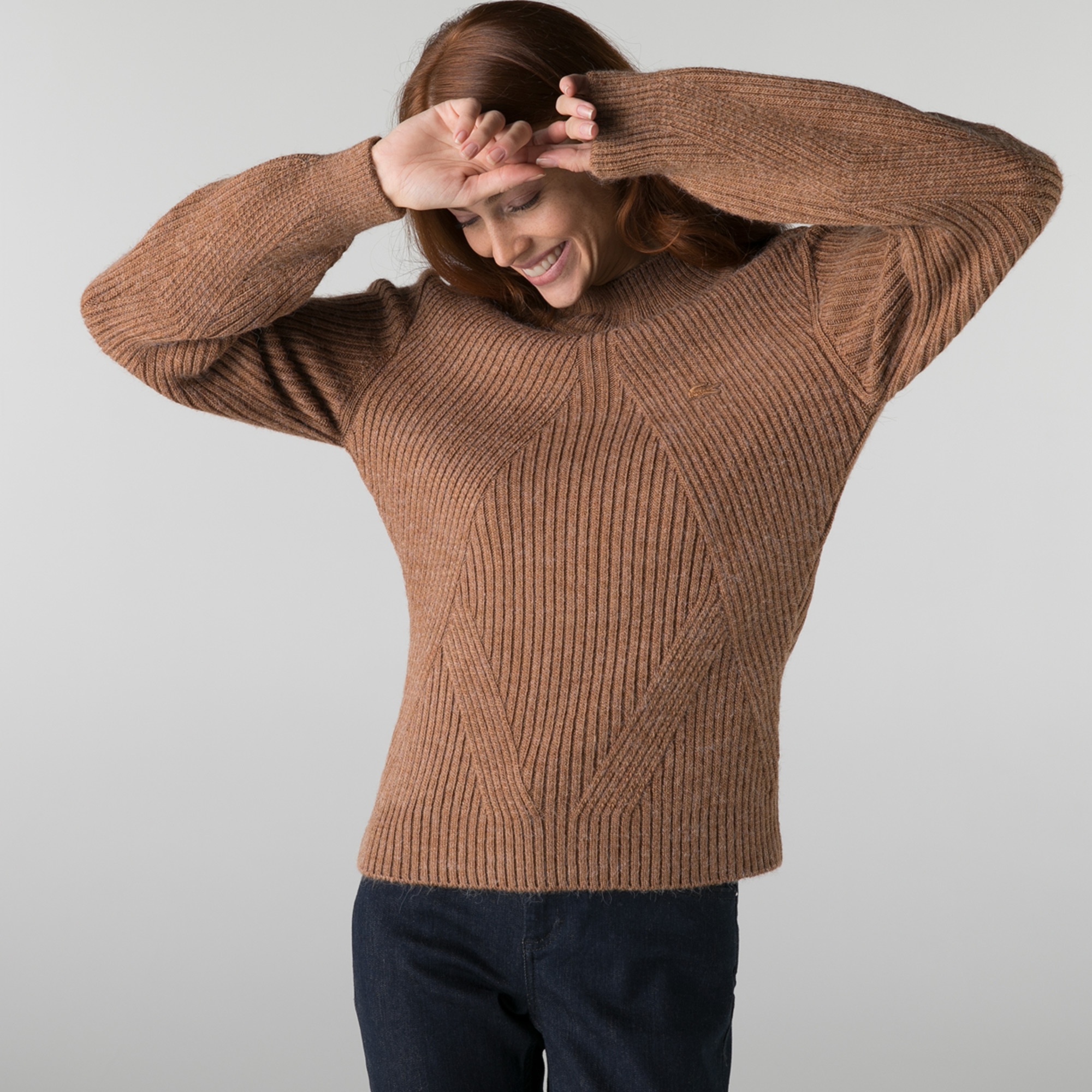 Lacoste Kadın Balıkçı Yaka Çizgili Kahverengi Kazak