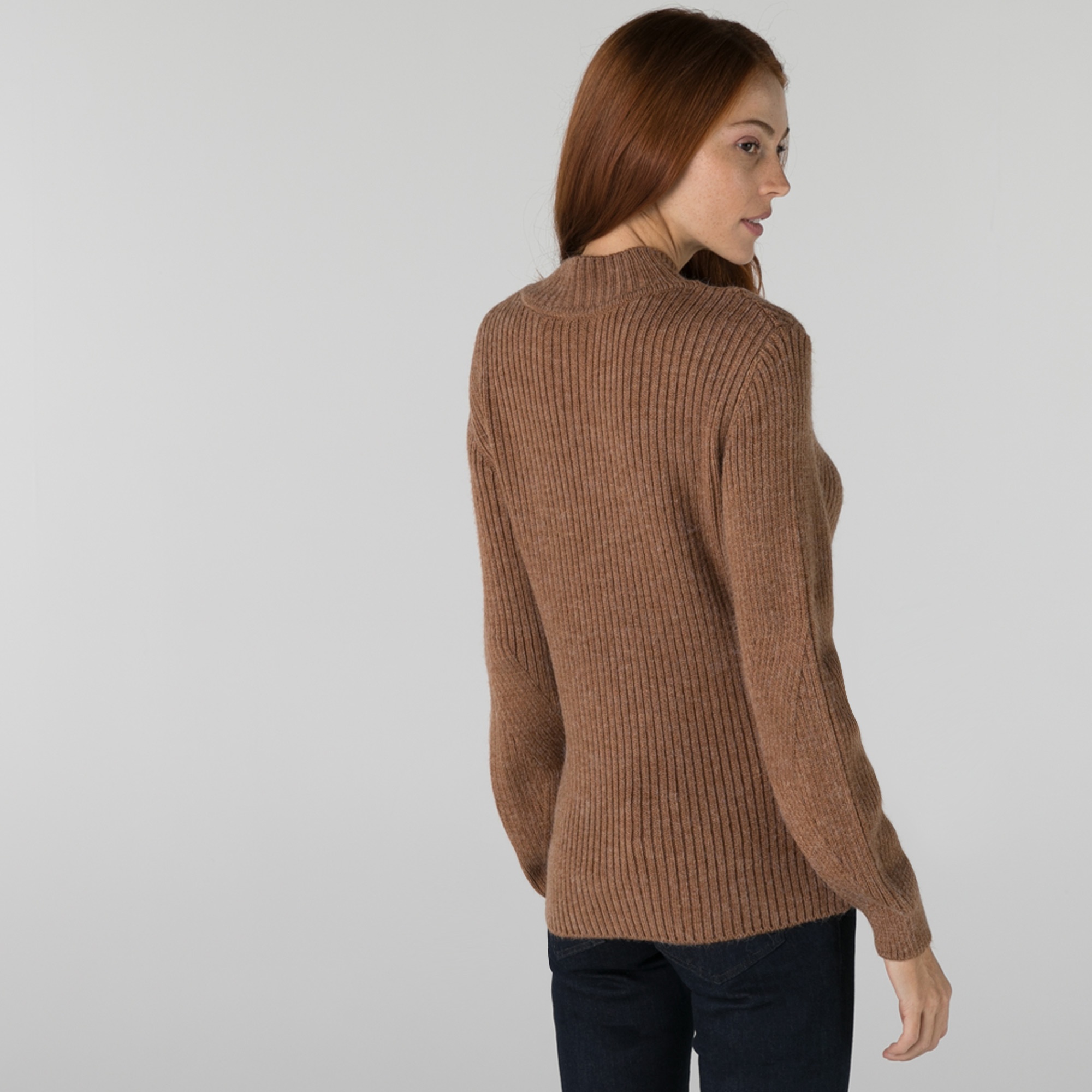 Lacoste Kadın Balıkçı Yaka Çizgili Kahverengi Kazak