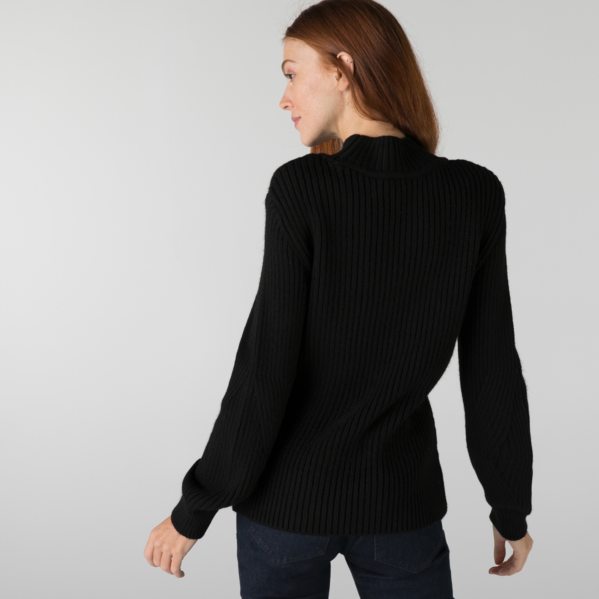 Lacoste Kadın Balıkçı Yaka Çizgili Siyah Kazak