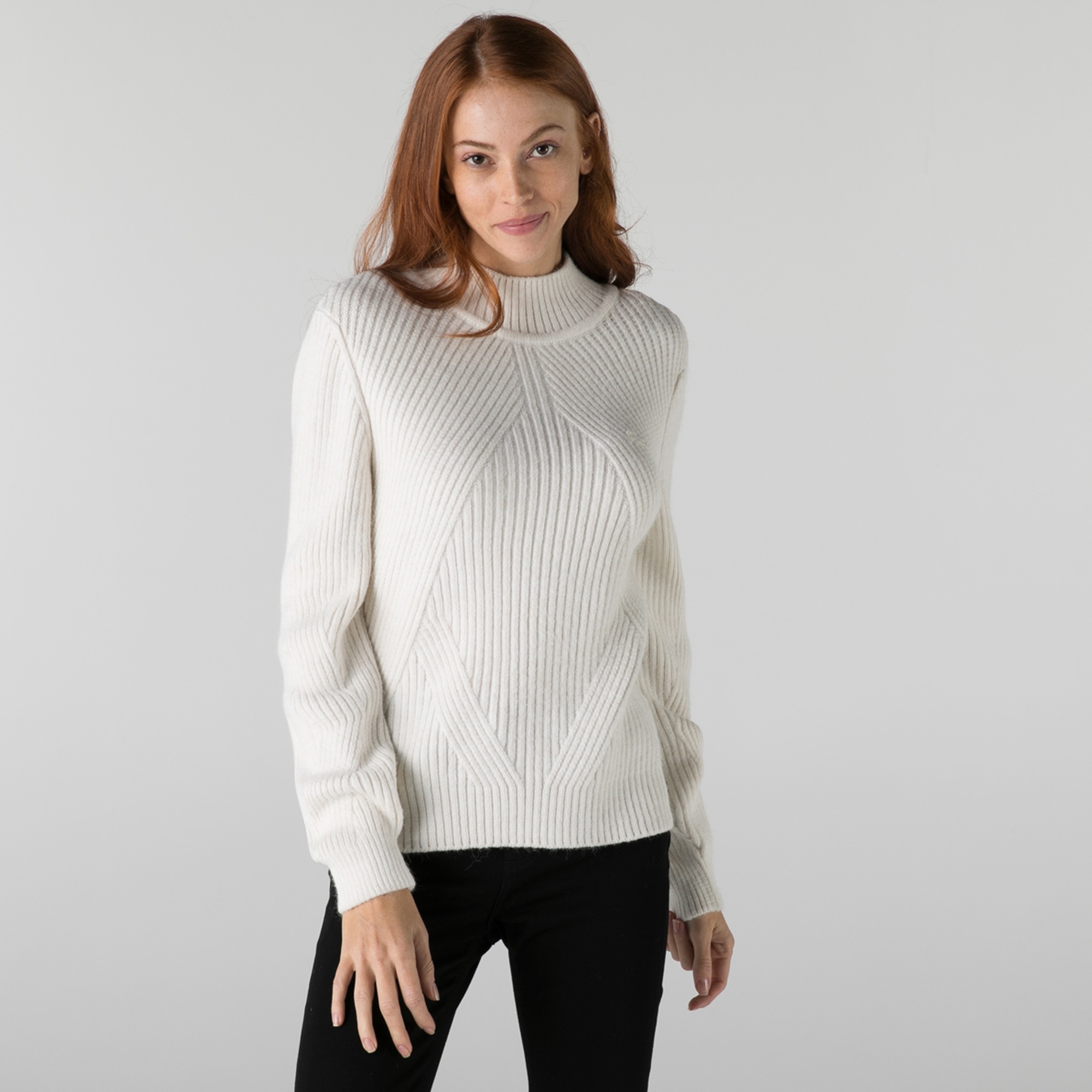 Lacoste Kadın Balıkçı Yaka Çizgili Beyaz Kazak