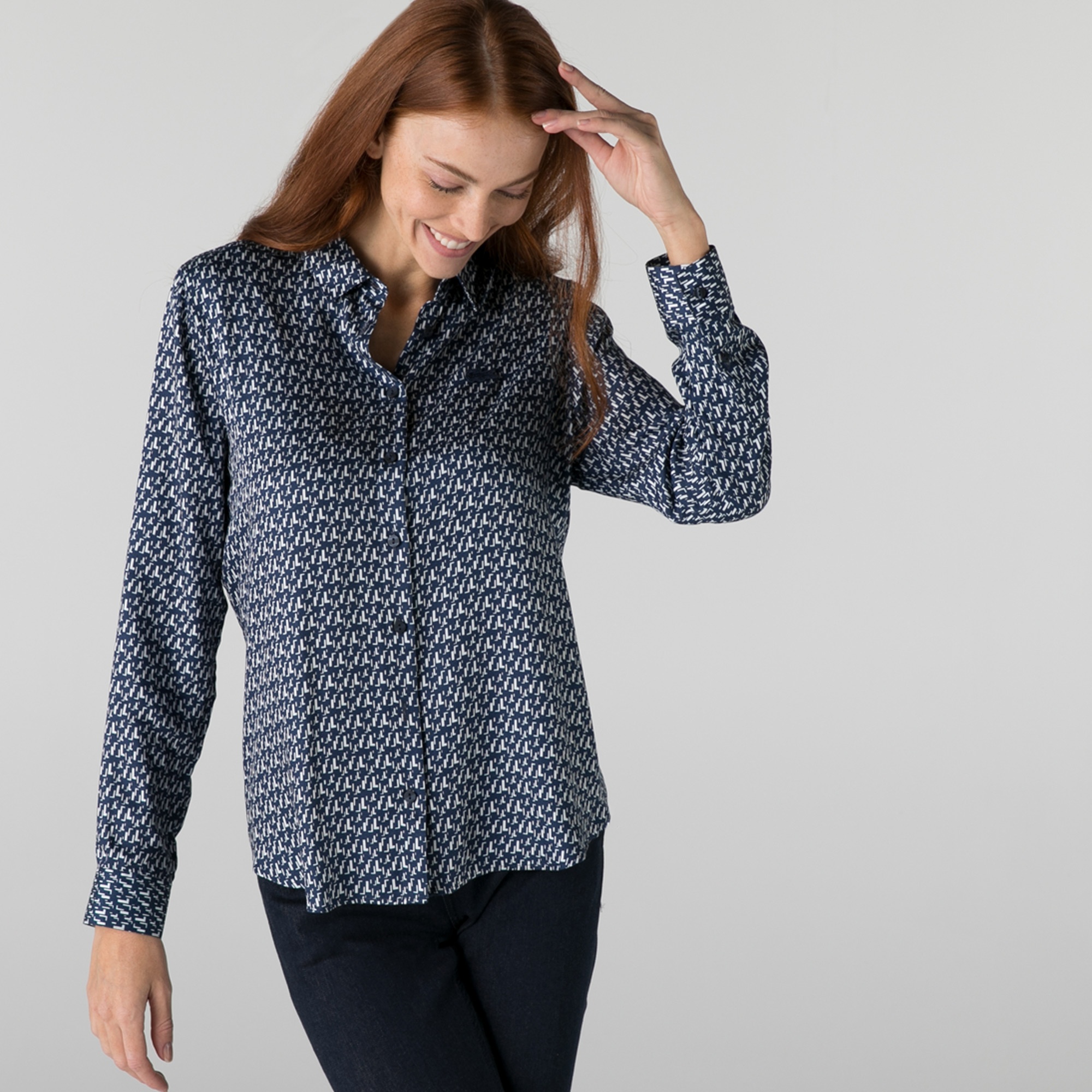 Lacoste Kadın Slim Fit Desenli Lacivert Gömlek